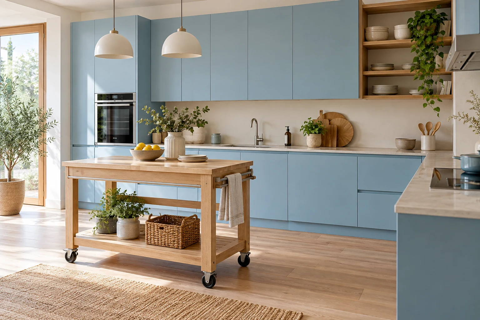 AI illustration of a pastel-blue kitchen with a compact movable worktable.