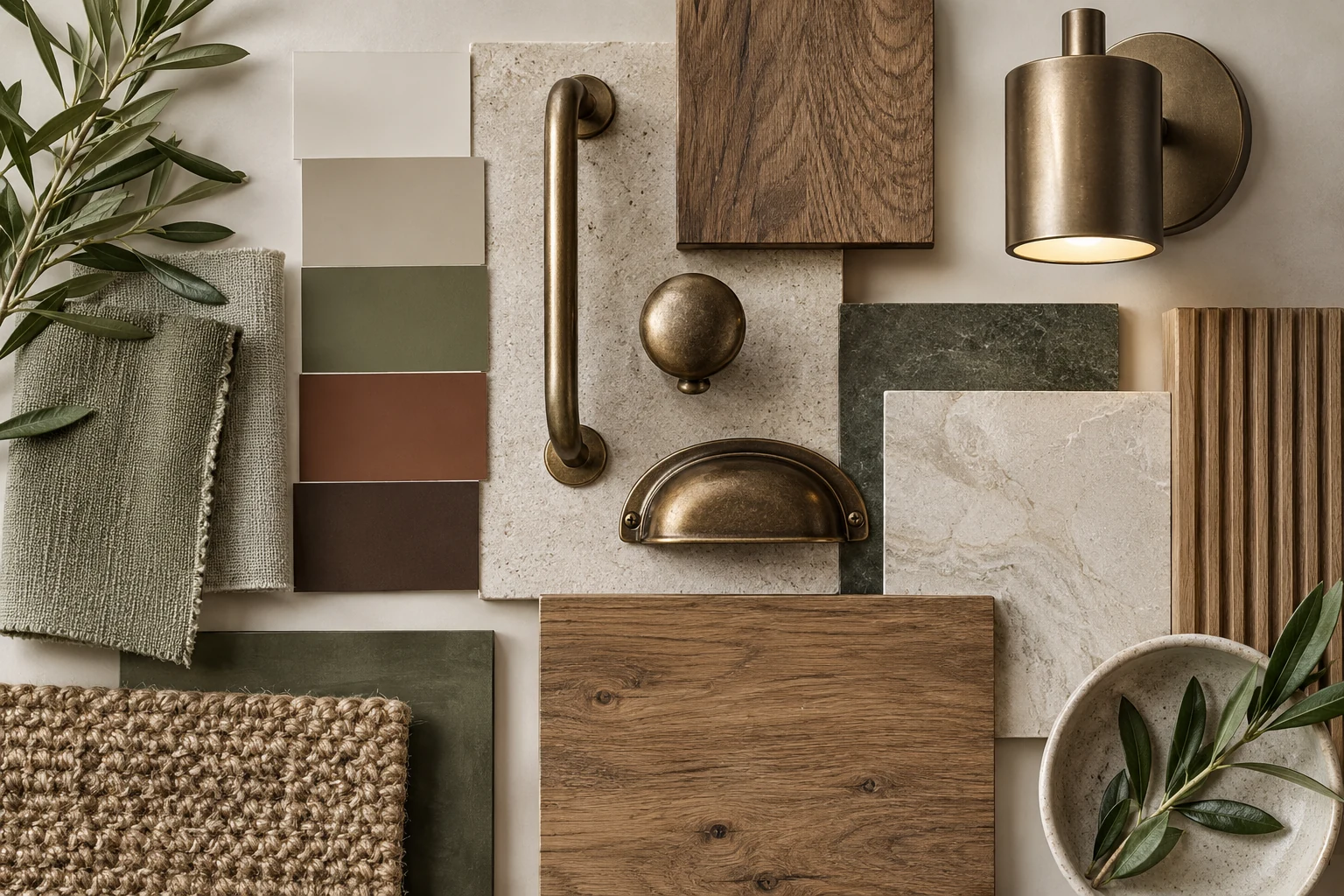 AI illustration of a design moodboard with earthy colors and vintage-inspired hardware.