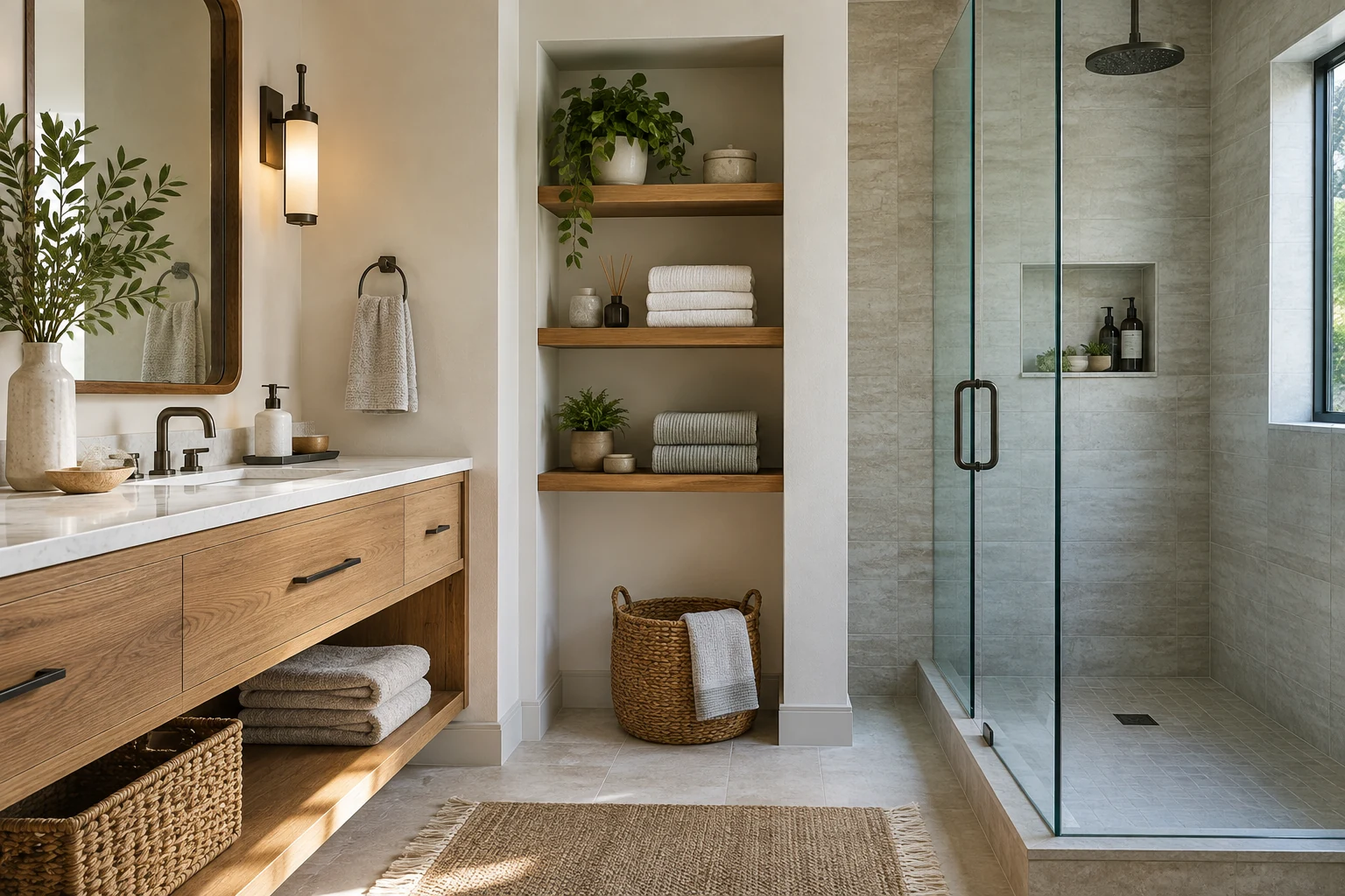 AI illustration of recessed bathroom shelves and an open vanity cubby.