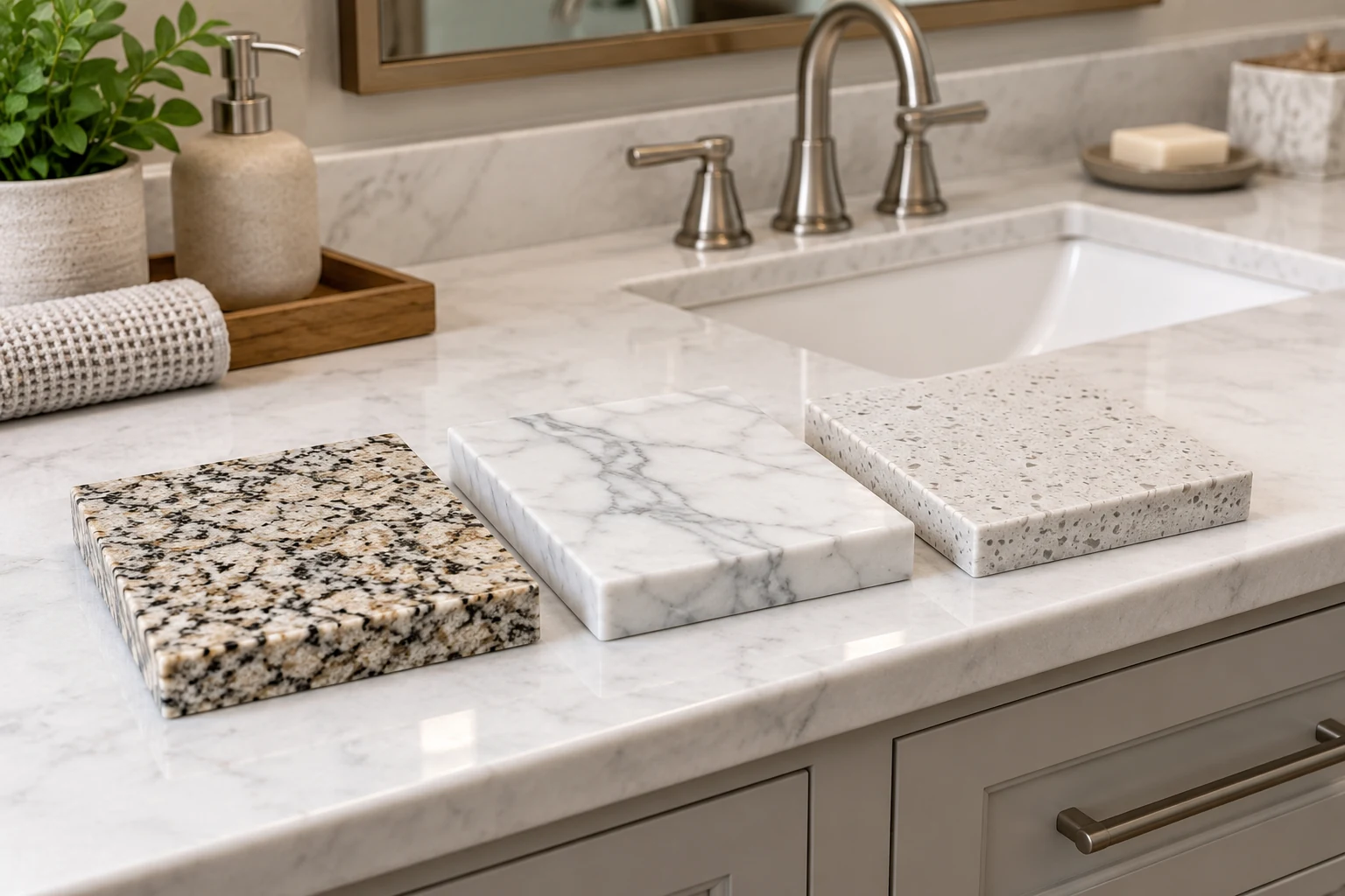 AI illustration of vanity-top material samples beside a bathroom sink.