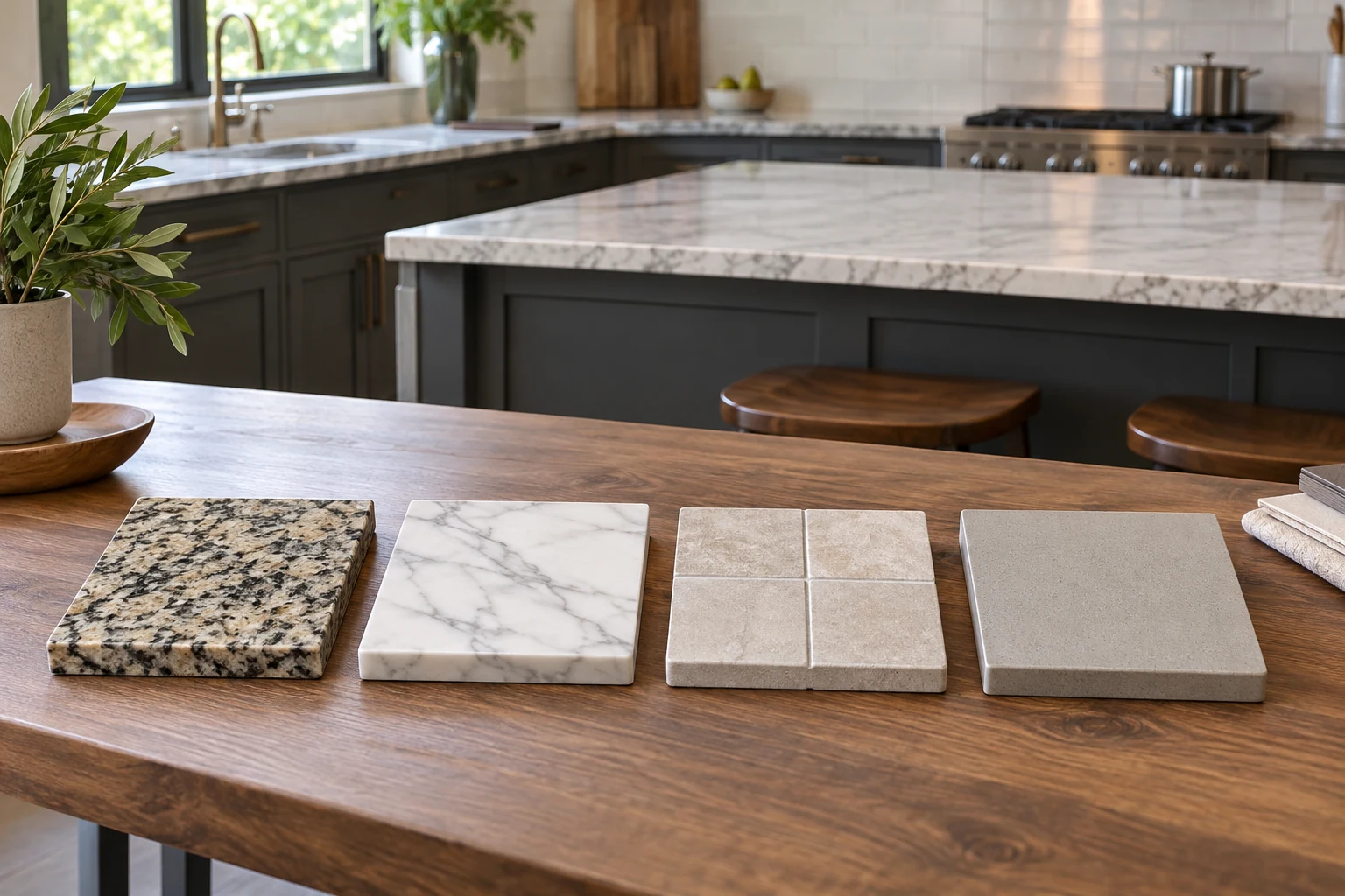 AI illustration of different countertop samples on a kitchen planning table.