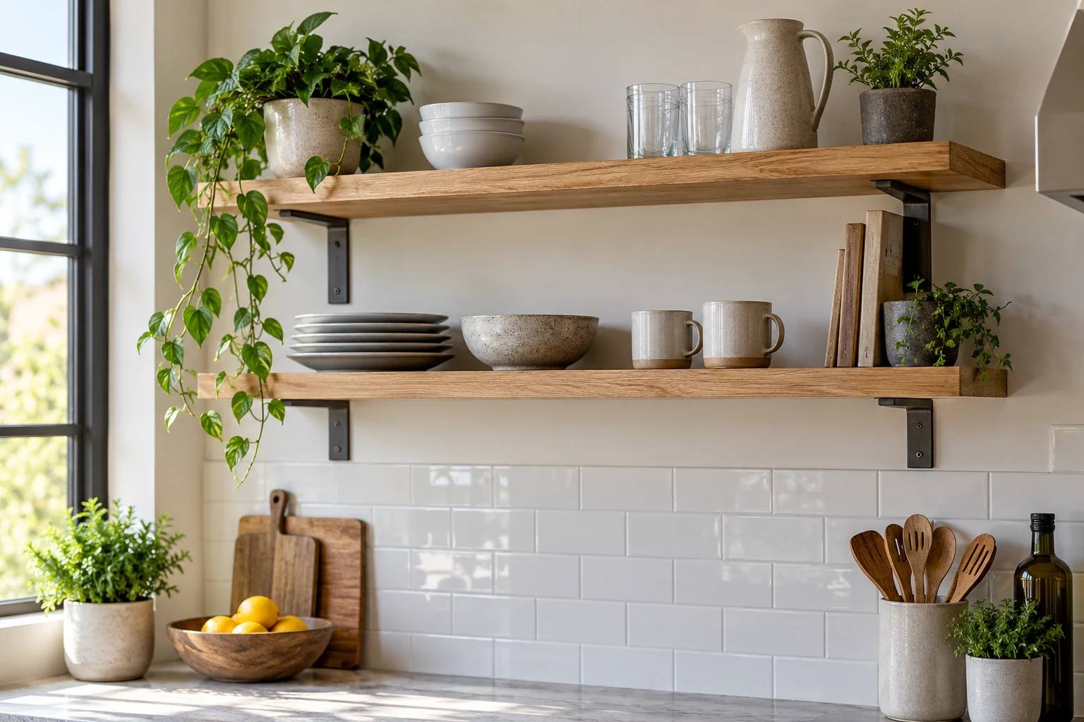 AI illustration of shallow wall shelves with visible supports and a few dishes.