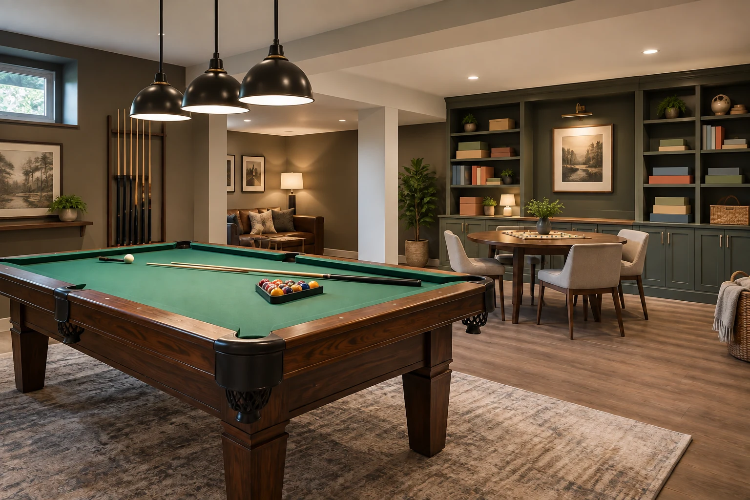 AI illustration of a basement game room with billiards and board-game storage.