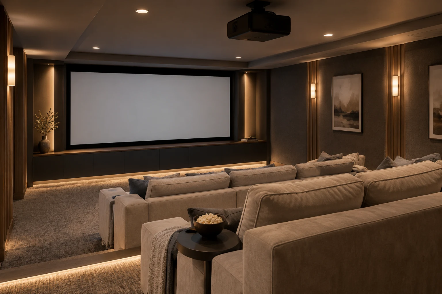 AI illustration of a basement home theater with seating and a projection screen.