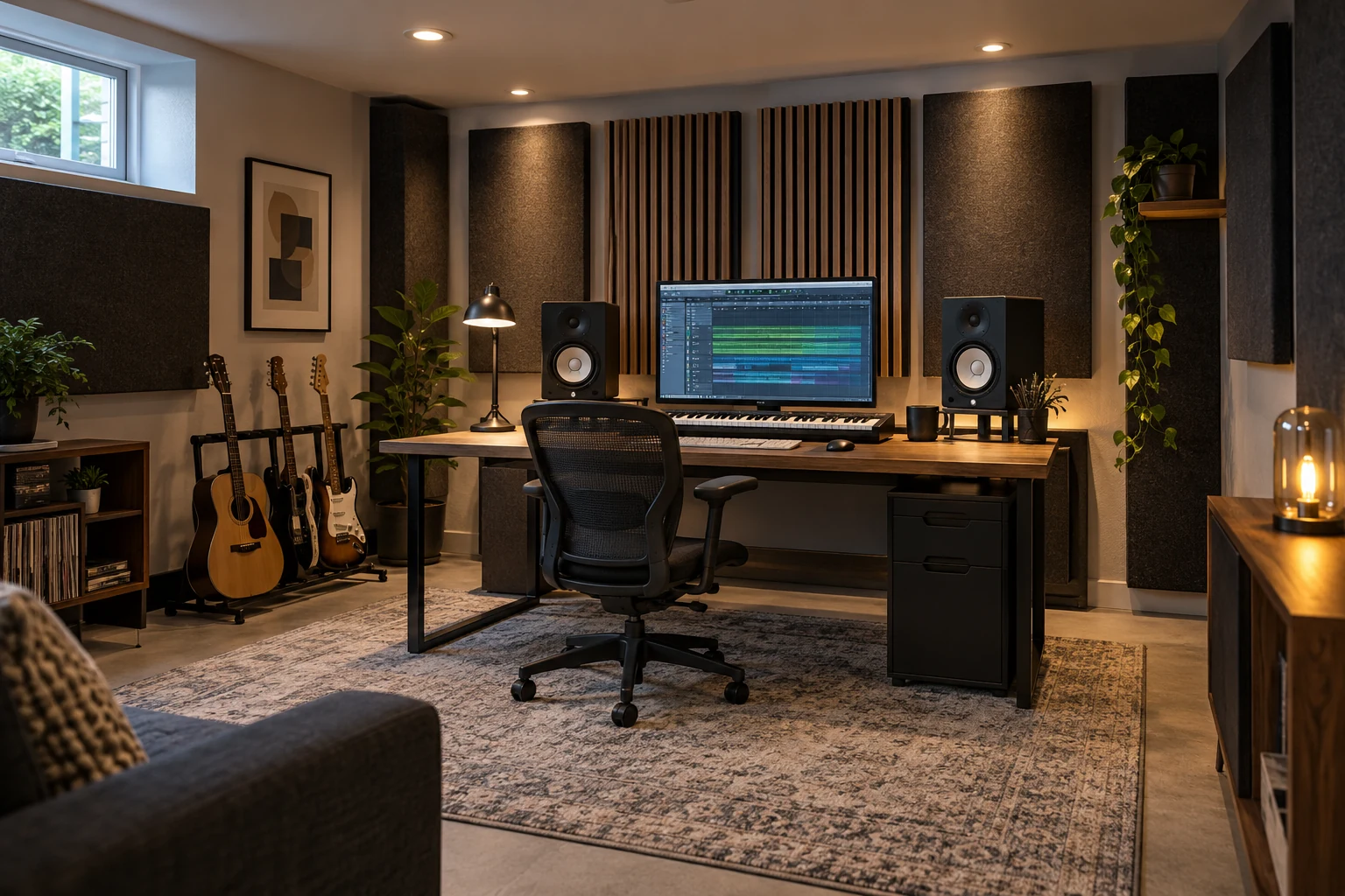 AI illustration of a basement music workspace with acoustic wall panels and a keyboard.