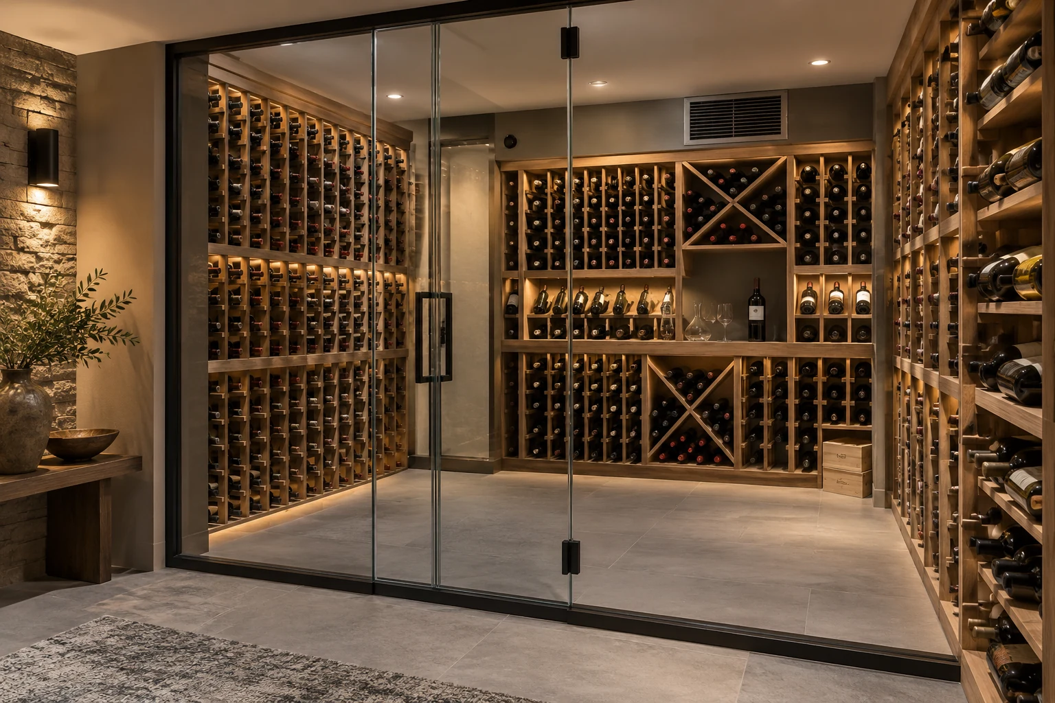 AI illustration of a basement wine-storage room with racks and a glass partition.