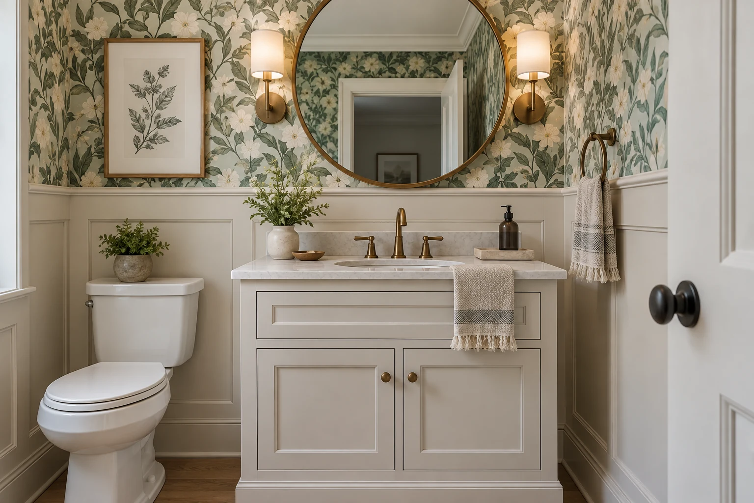 AI illustration of botanical wallpaper in a powder-room design concept.