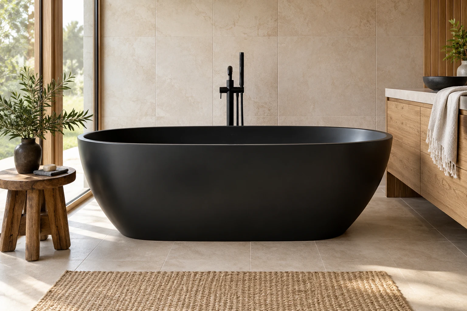 AI illustration of a matte black bathtub in a warm neutral bathroom concept.