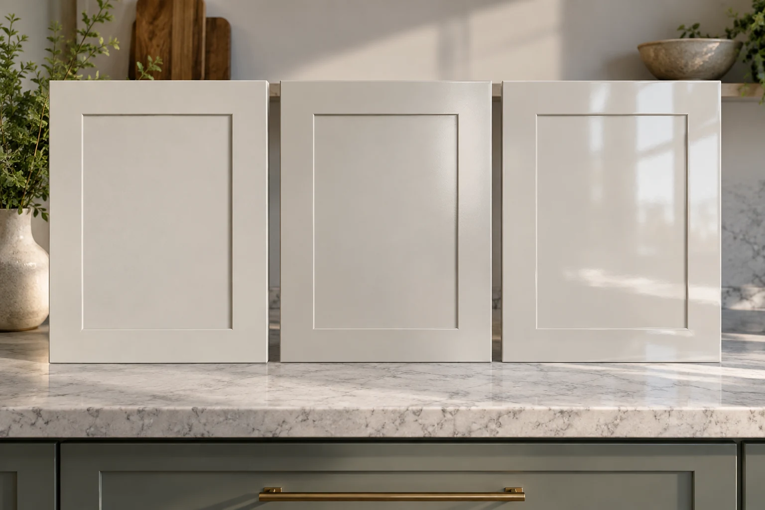 AI illustration comparing matte, satin and glossy cabinet door finishes.