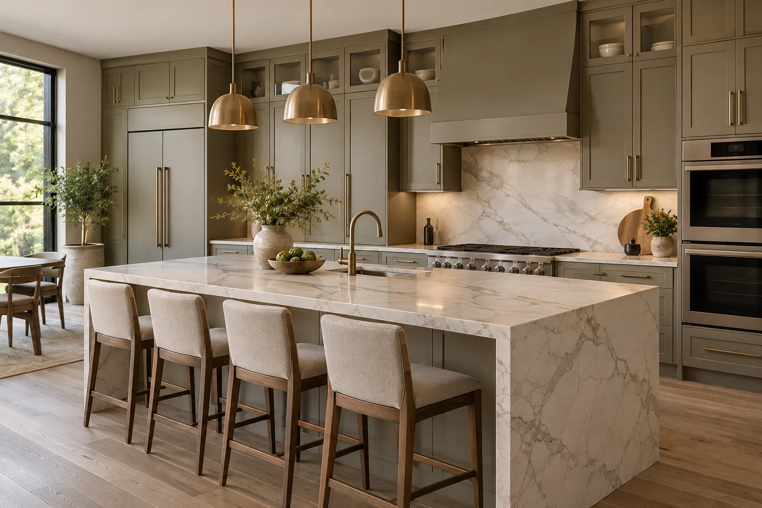 AI illustration of a kitchen concept with tall cabinetry and a veined island.