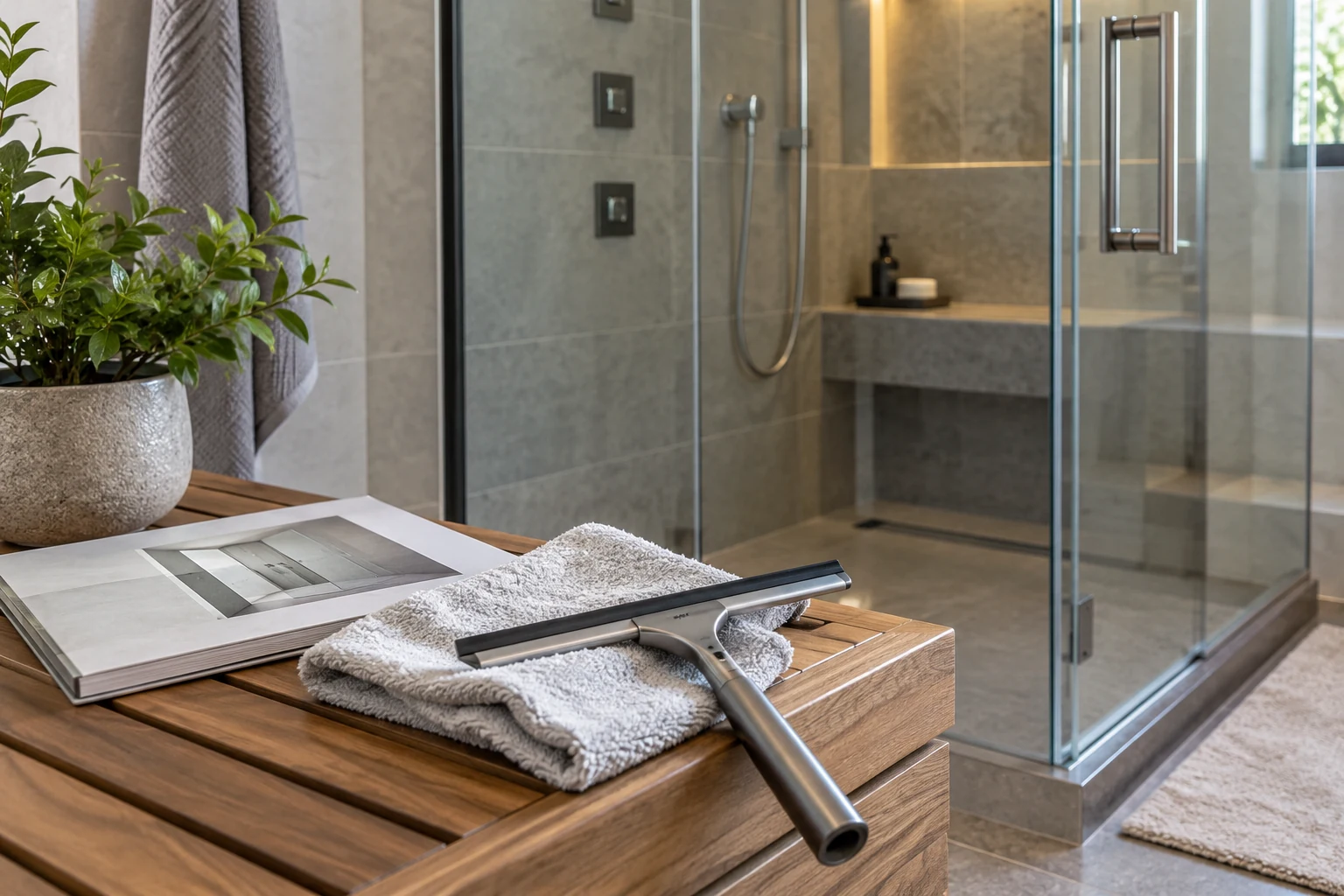 AI illustration of a steam-shower care scene with a squeegee and soft cloth.