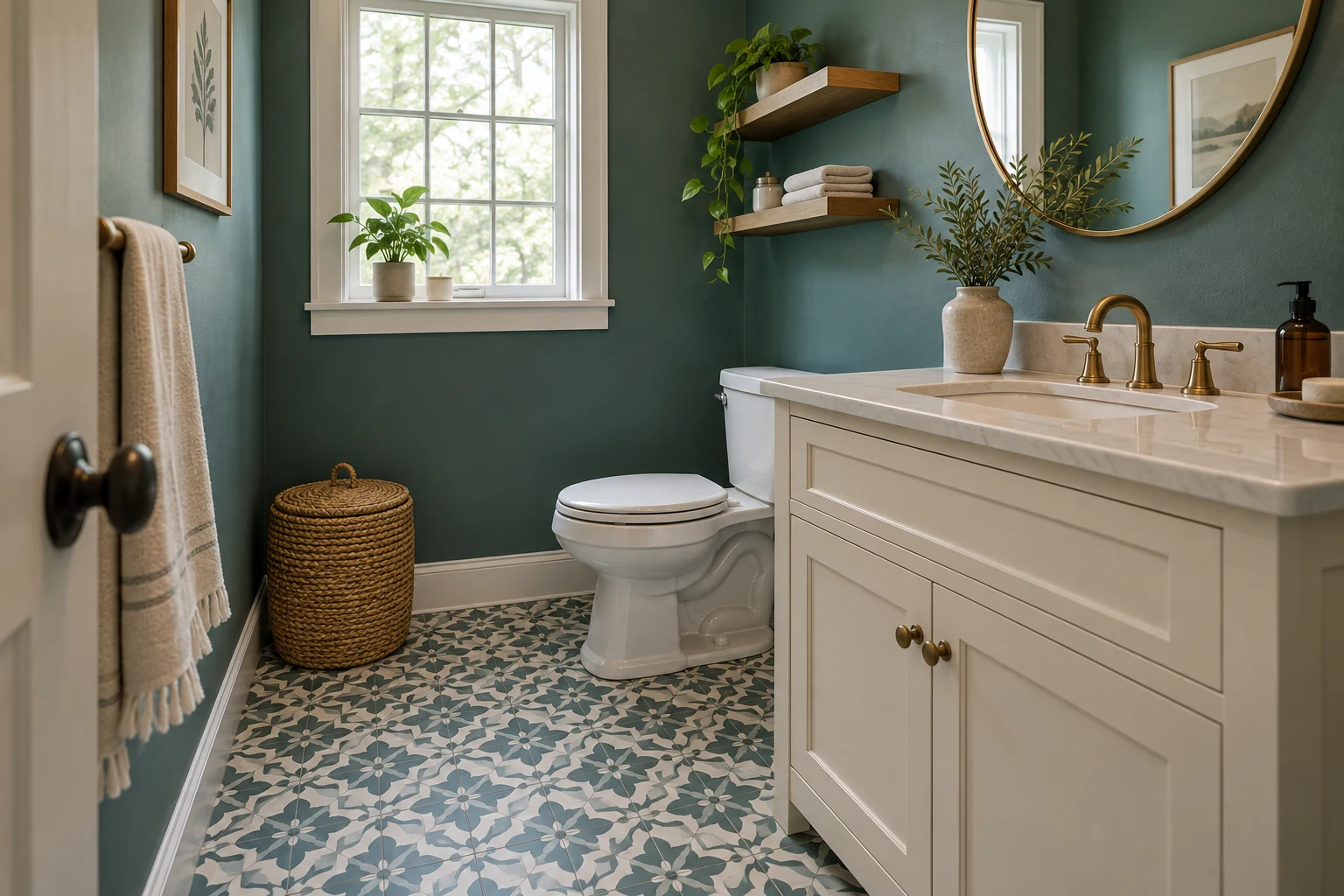 AI illustration of a teal bathroom with patterned floor tiles.