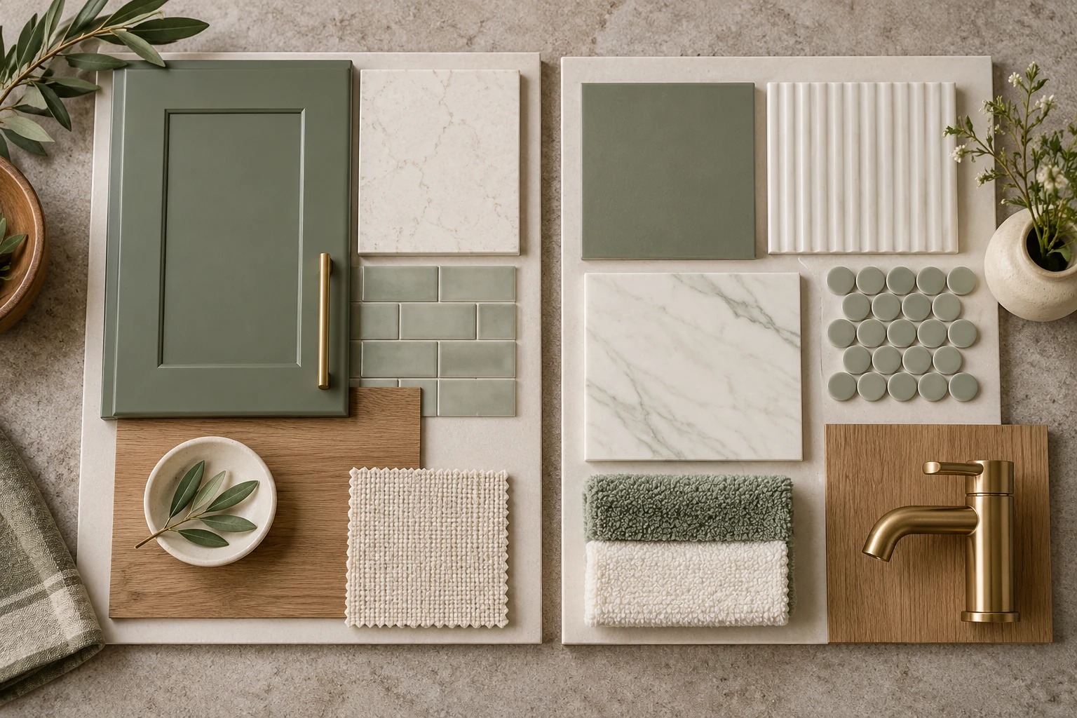 AI illustration of coordinated green and cream color sample boards for a kitchen and bathroom.