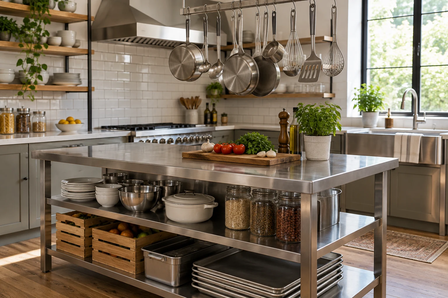 AI illustration of a home kitchen with stainless preparation surfaces and organized tools.
