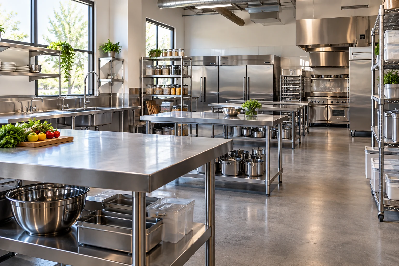 AI illustration of a shared commercial kitchen with stainless preparation tables.