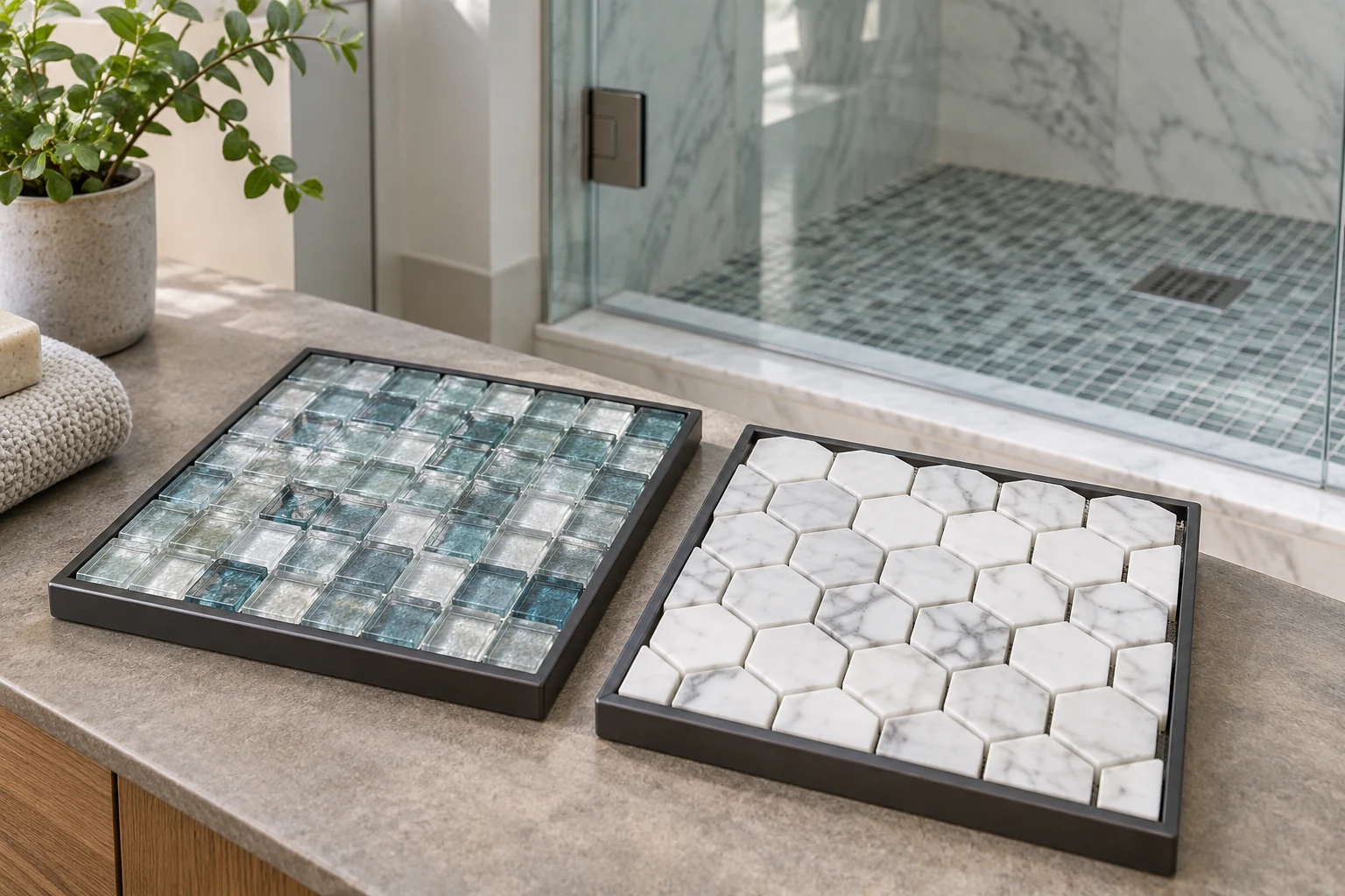 AI illustration of mosaic glass and marble shower-floor samples.