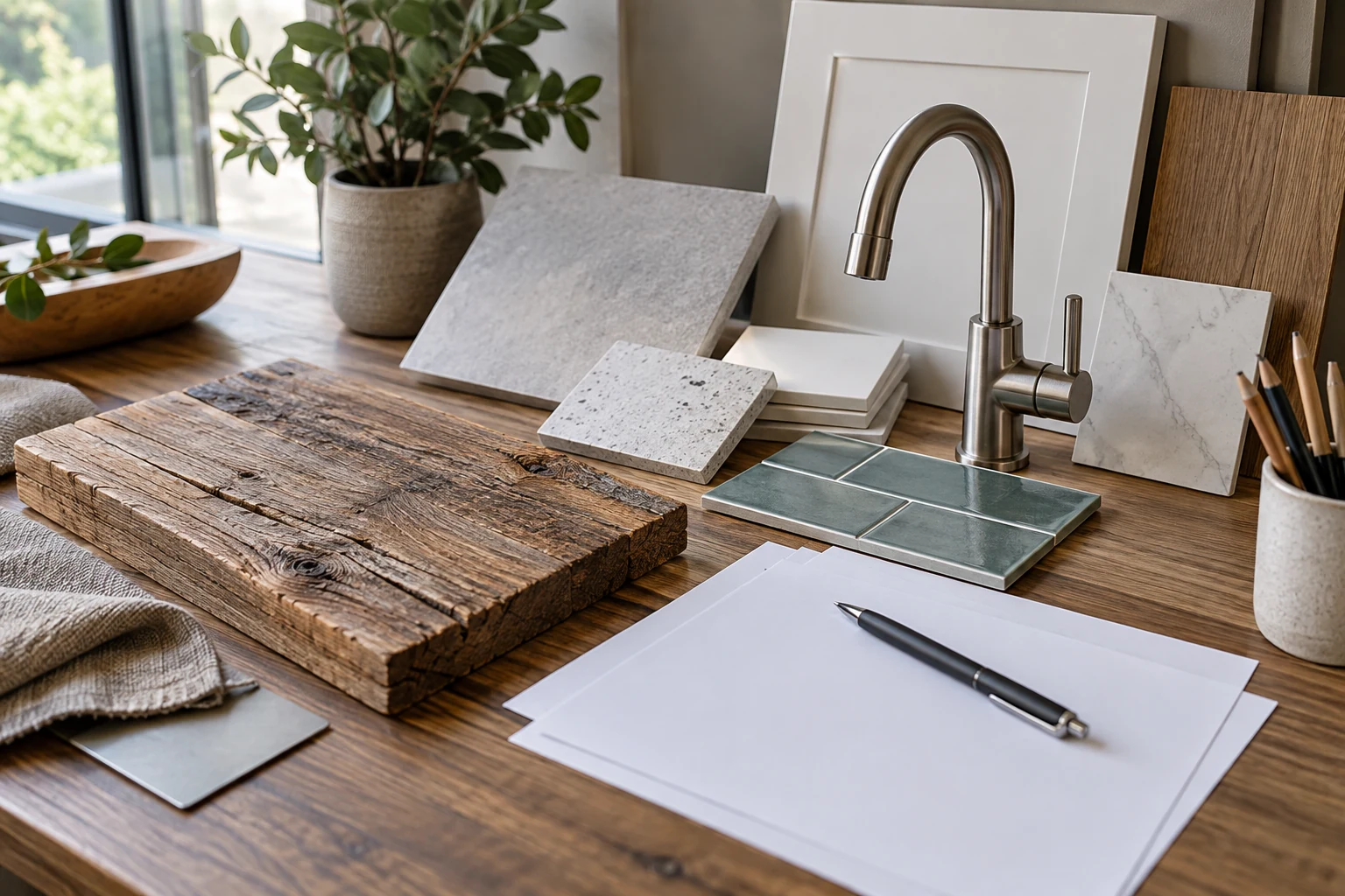 AI illustration of remodeling material samples and product specification sheets.