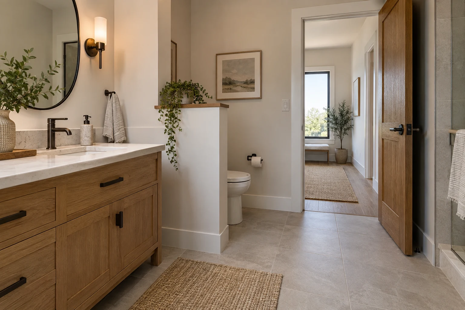 AI illustration of a bathroom with a partition screening the toilet.