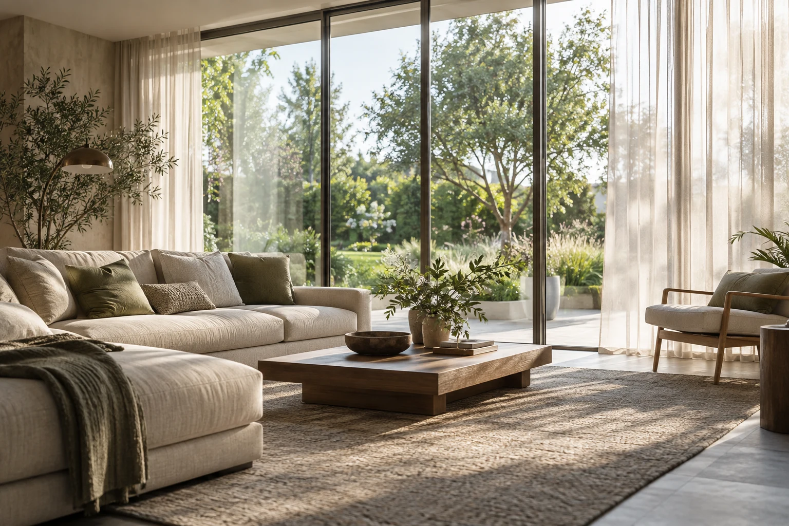AI illustration of floor-to-ceiling windows with a translucent curtain.