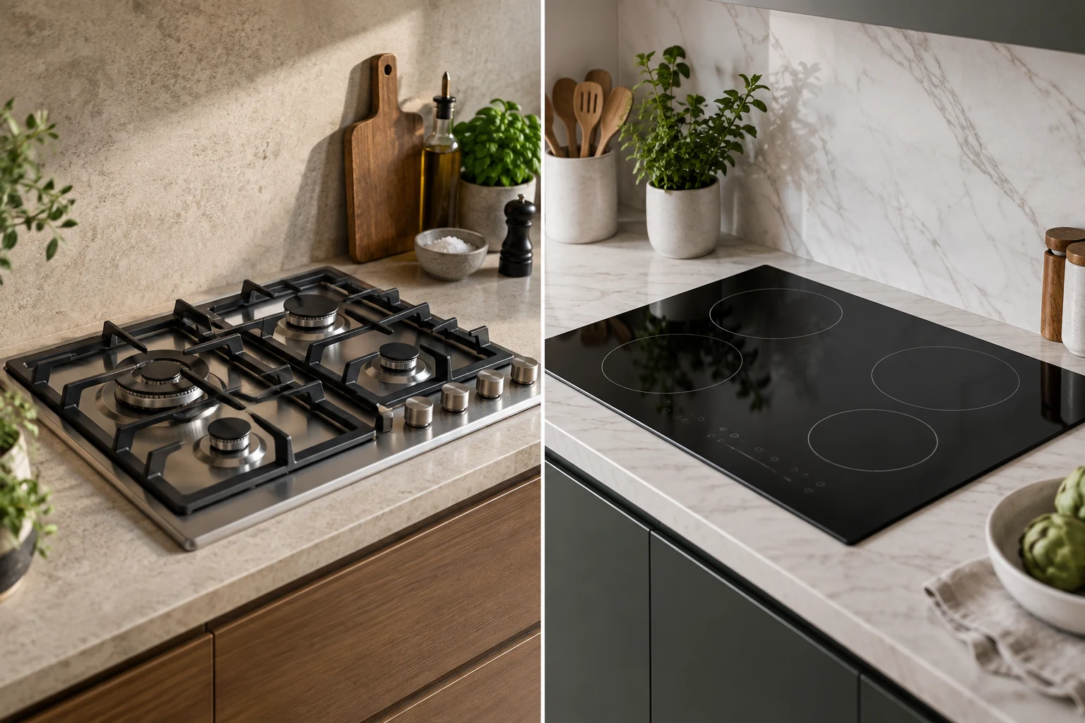 AI illustration comparing a gas cooktop and an induction cooking surface.