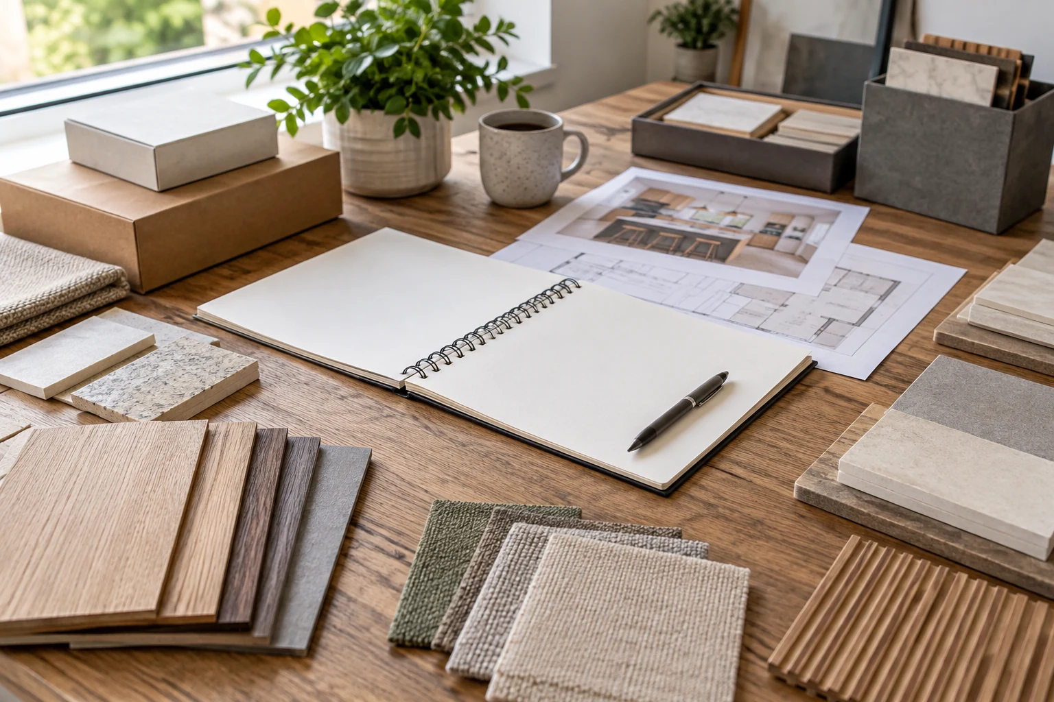 AI illustration of product documents and material samples for checking remodeling claims.