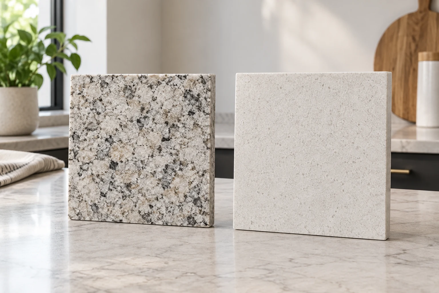 AI illustration comparing two countertop sample patterns under the same light.