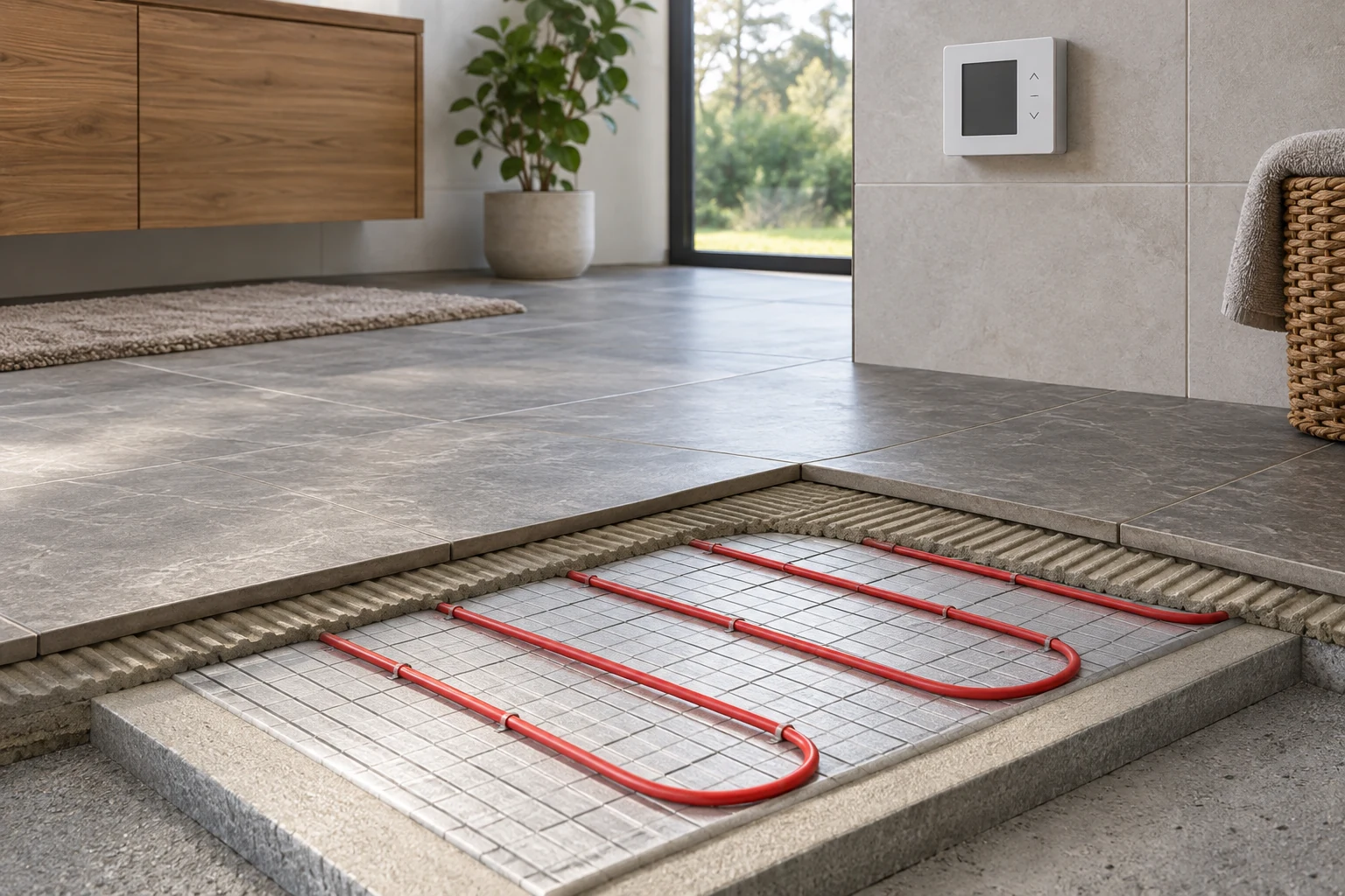 AI illustration of a tile floor heating concept and a wall thermostat.