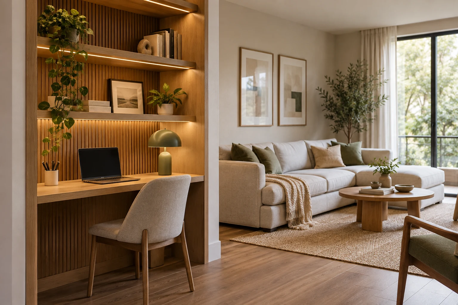 AI illustration of a home interior with a compact work nook and shelving.