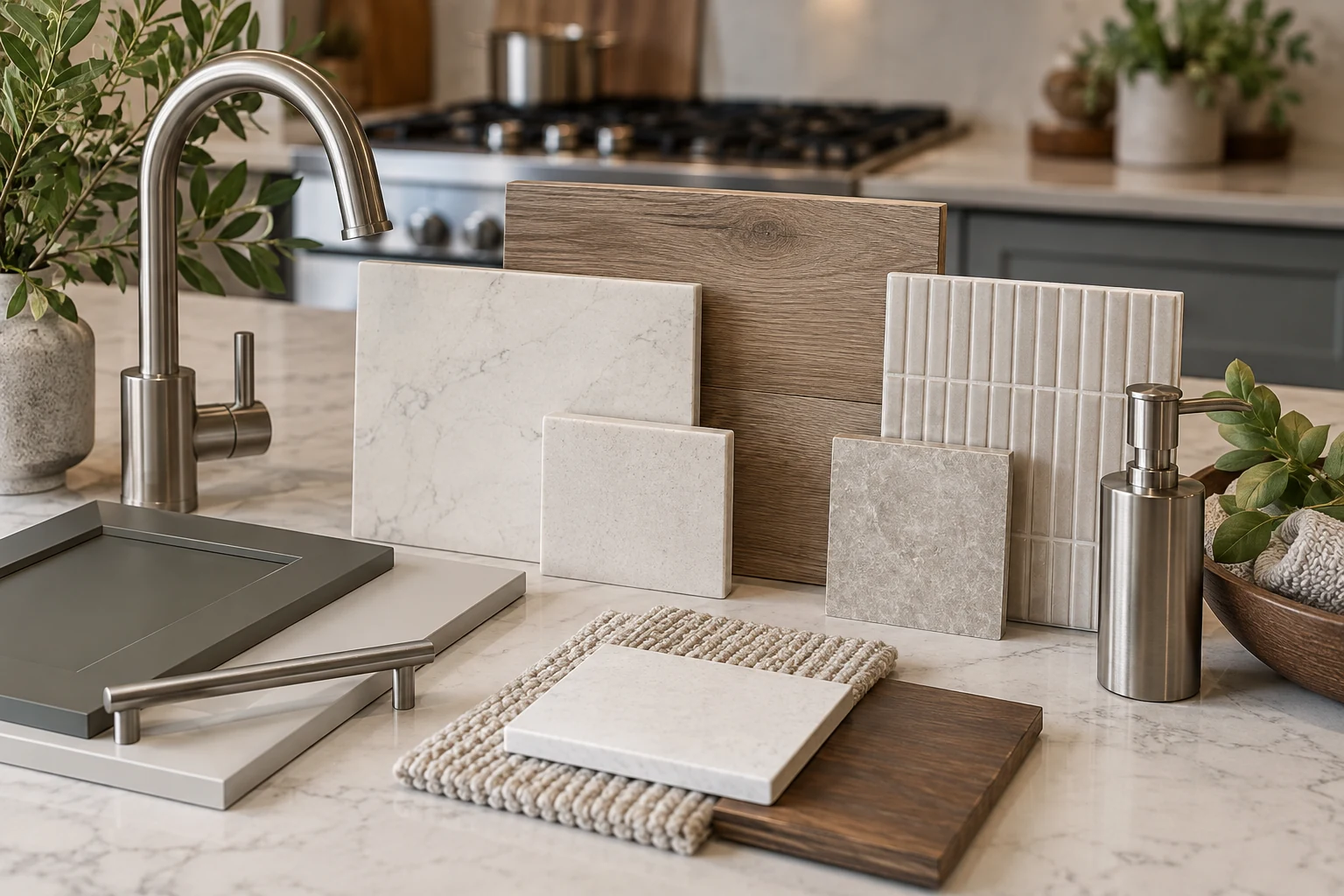 AI illustration of a coordinated kitchen and bathroom material moodboard.