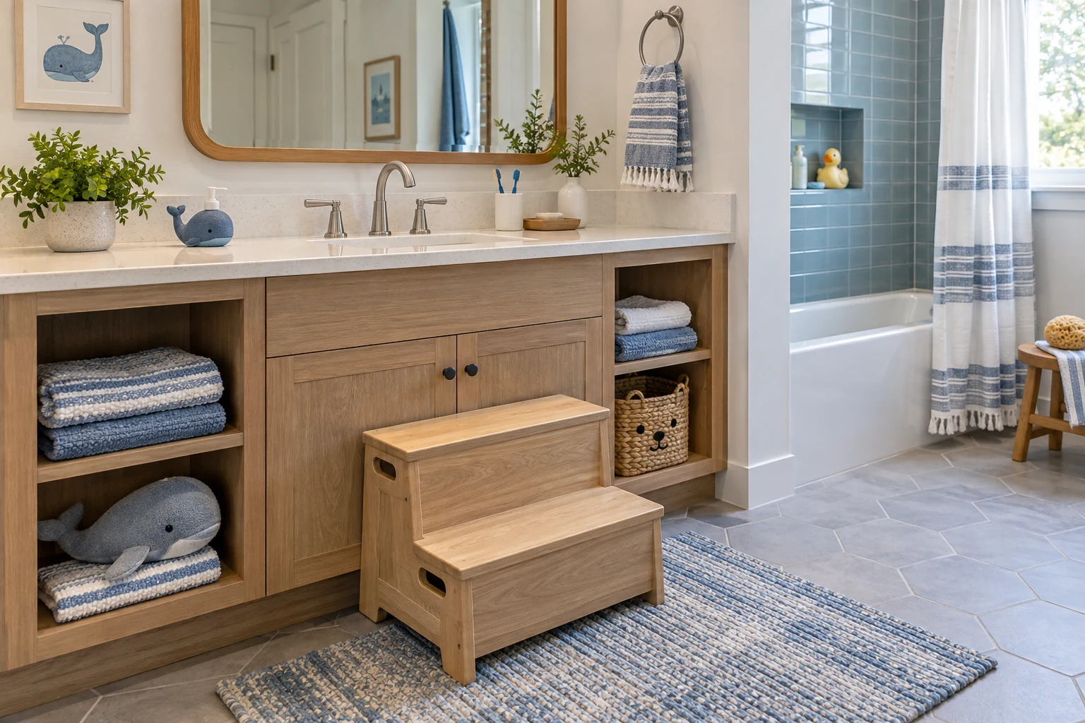 AI illustration of a bathroom with a step stool and low towel storage.