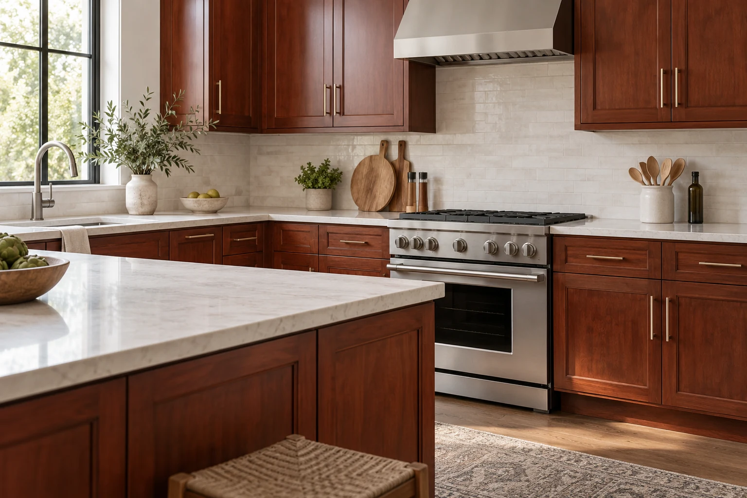 AI illustration of cherry-tone cabinets with slim pulls and pale countertops.