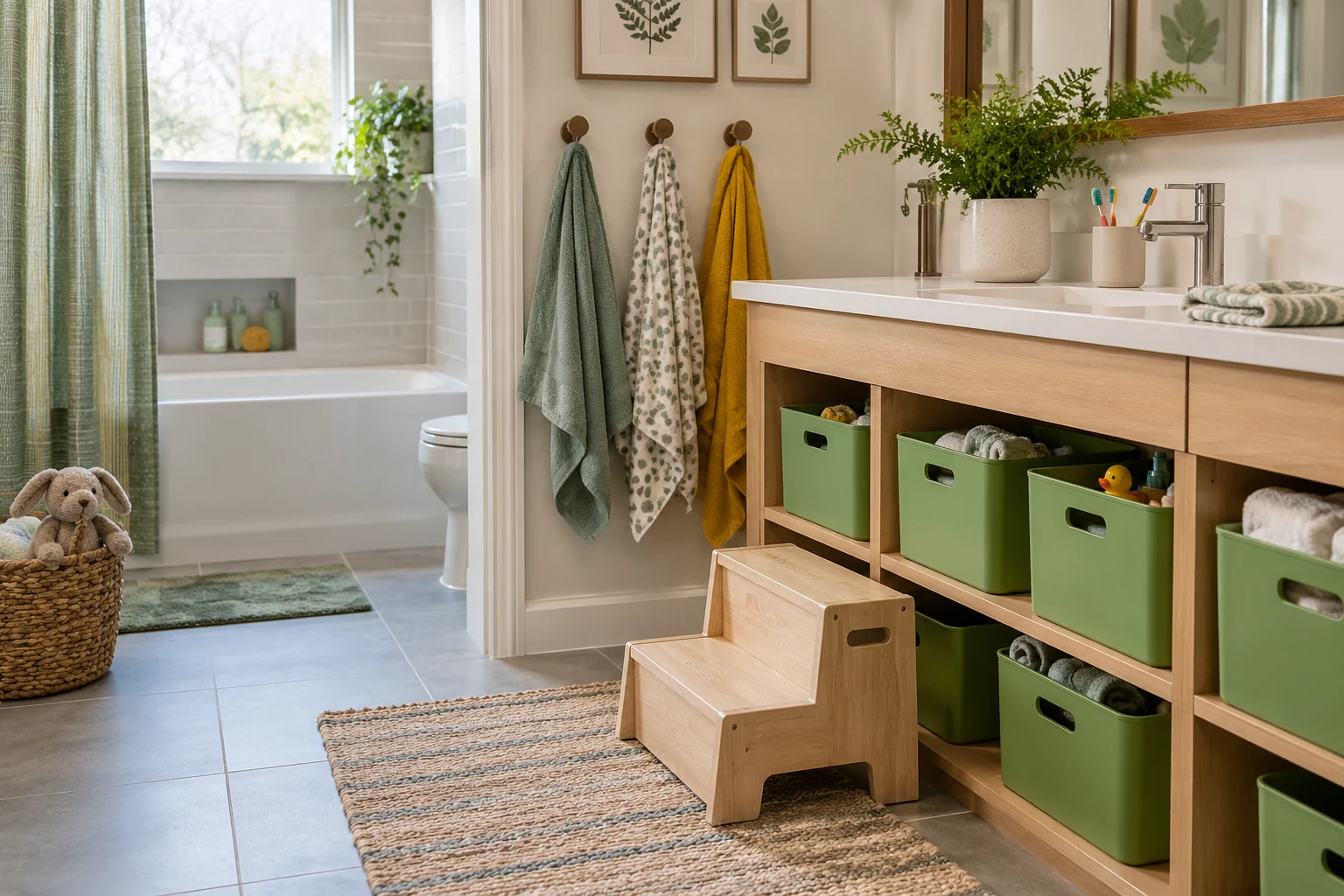 AI illustration of a family bathroom with low storage bins and towel hooks.