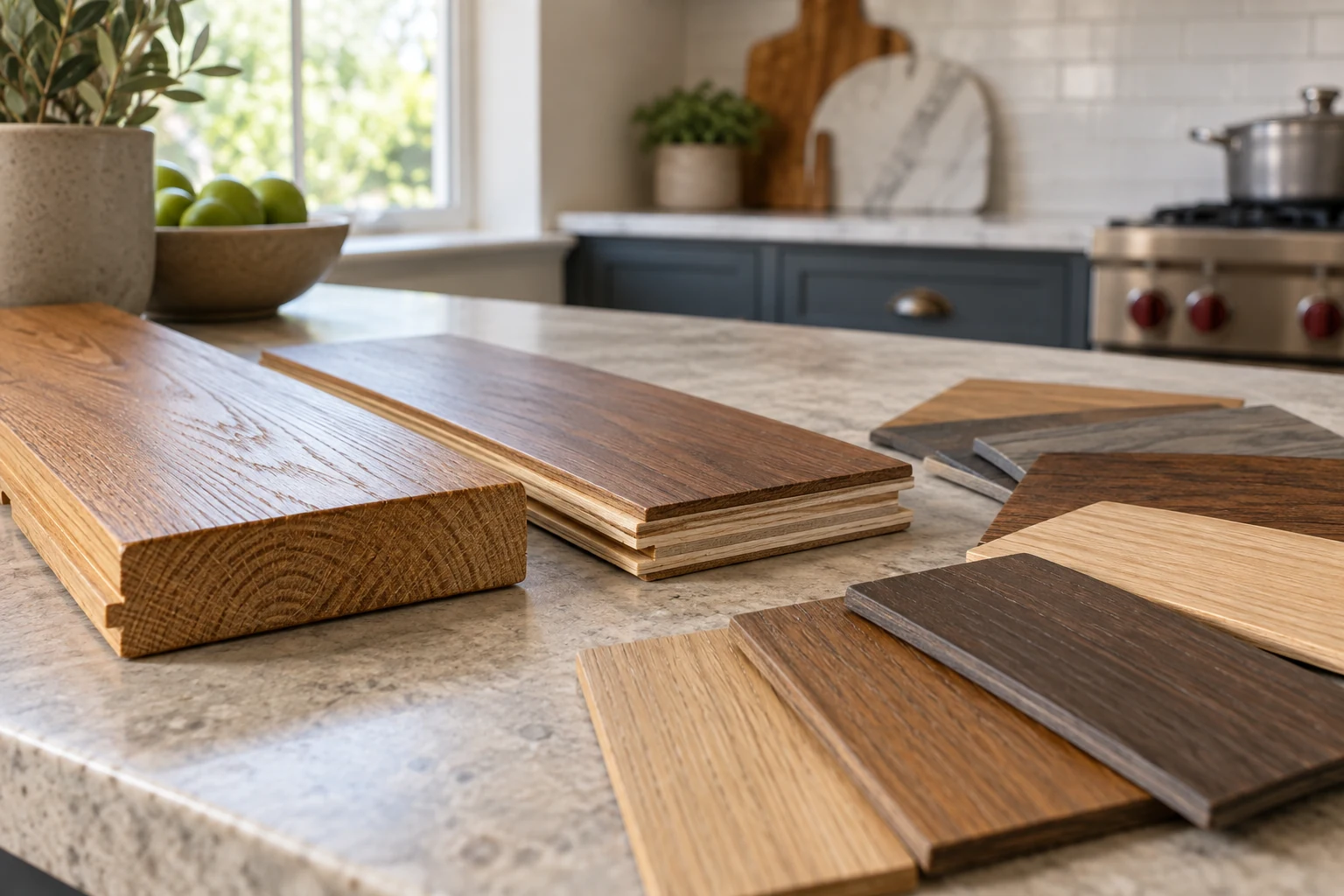 AI illustration of hardwood and engineered wood floor samples with finish swatches.