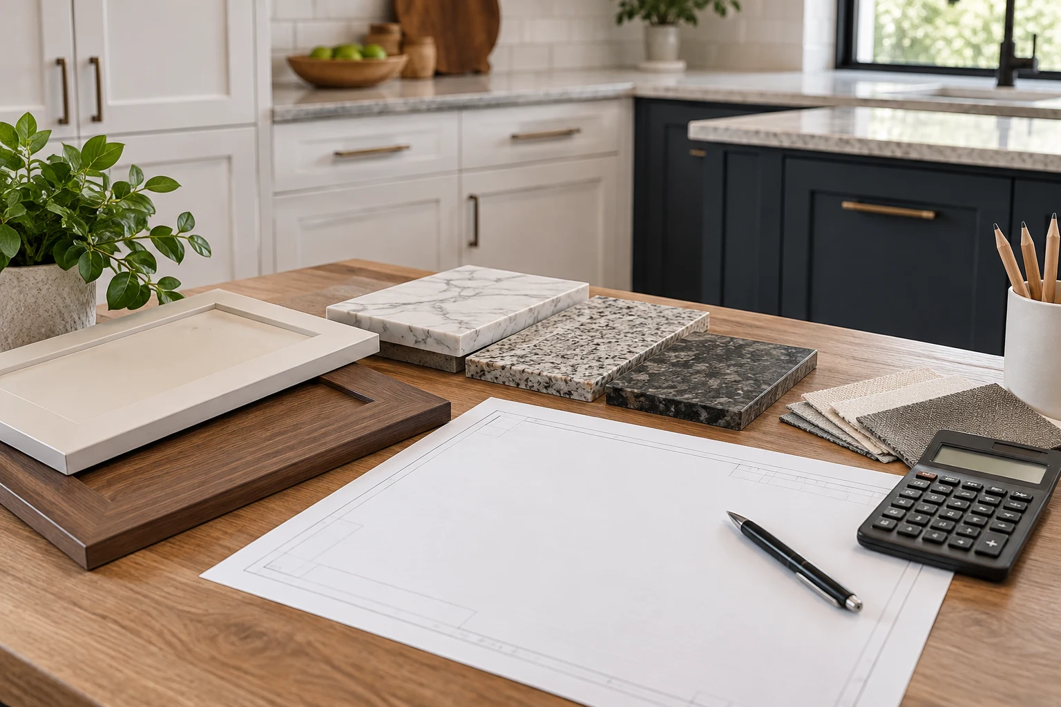 AI illustration of kitchen material samples and a remodeling estimate planning desk.