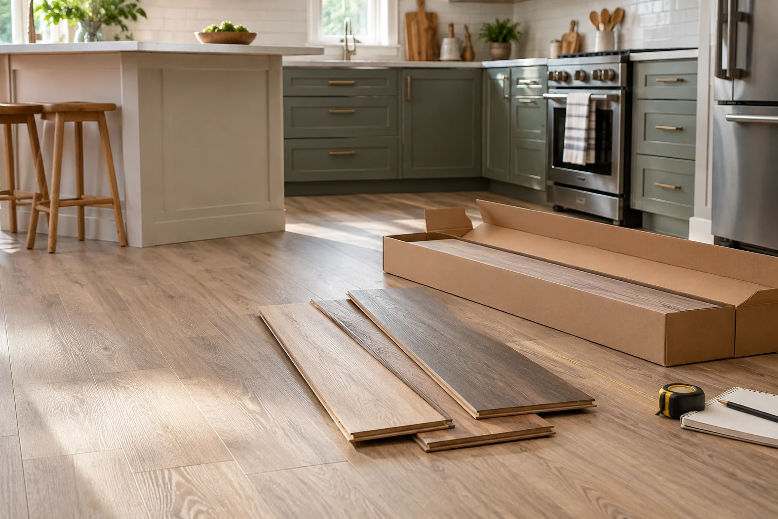 AI illustration of laminate flooring samples in a kitchen planning scene.