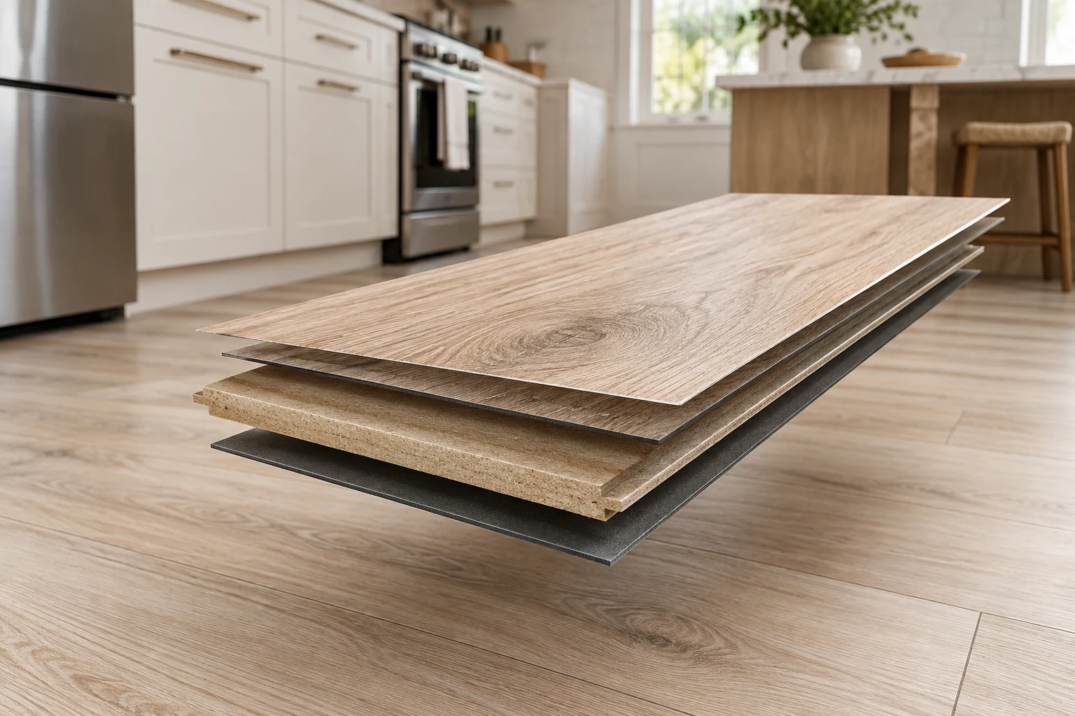 AI illustration of a laminate plank sample and wood-look kitchen floor.