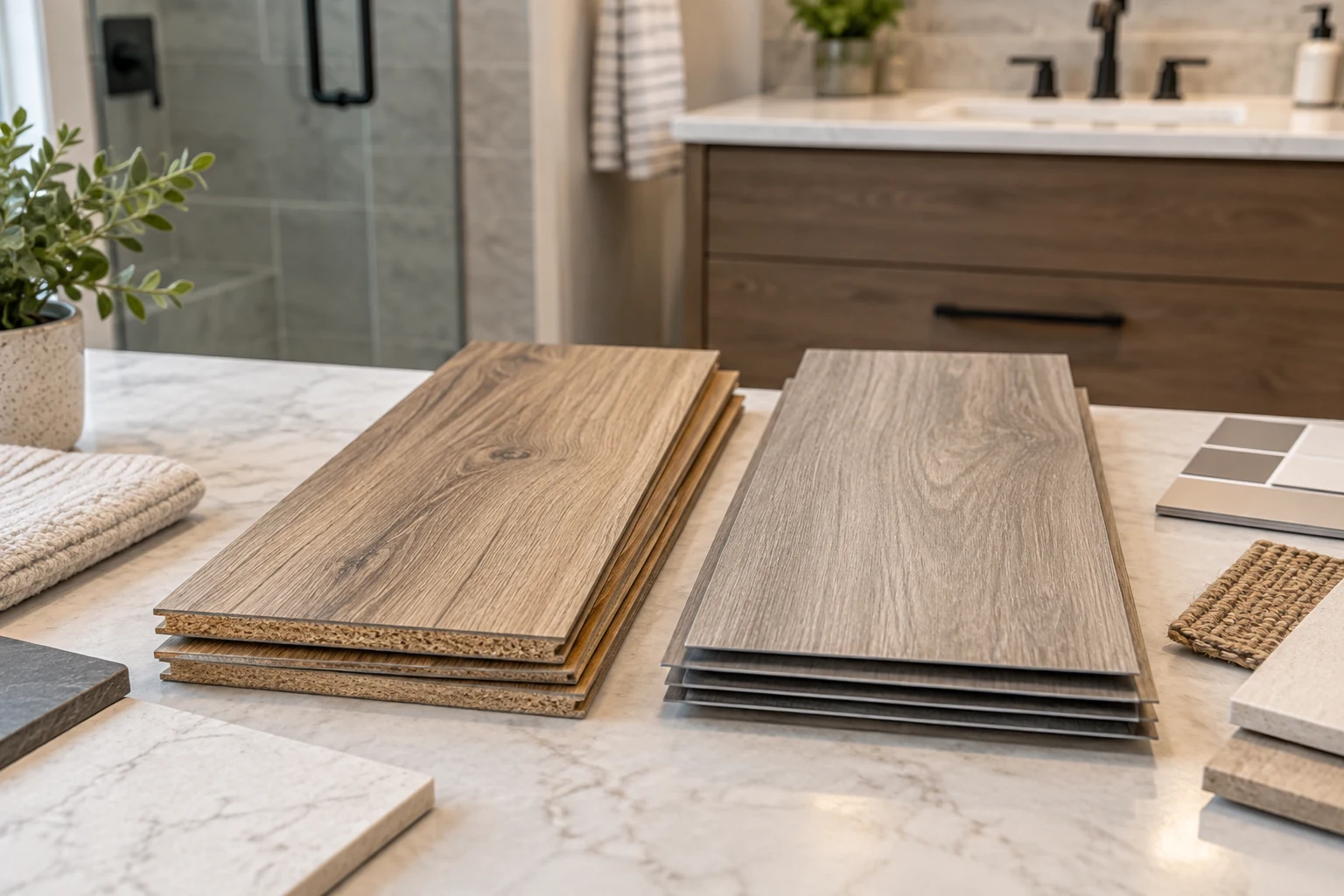 AI illustration of laminate and vinyl flooring samples beside a bathroom vanity.