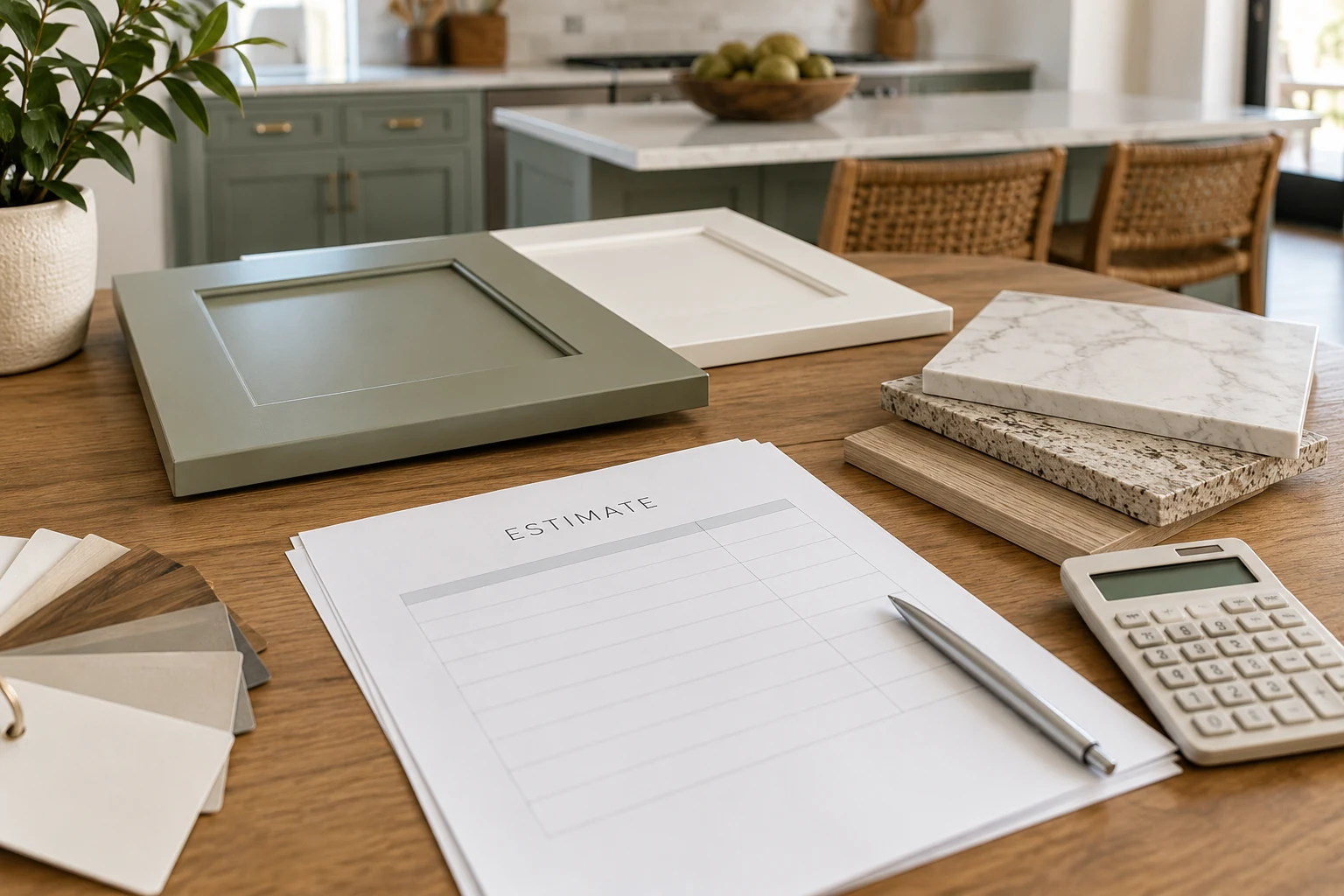 AI illustration of kitchen material samples and estimate documents for remodel planning.