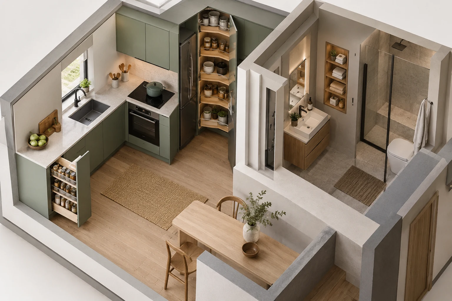 AI illustration of kitchen and bathroom storage concepts that use overlooked spaces.