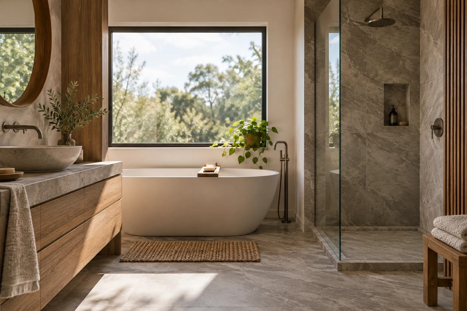 AI illustration of a bathroom concept with wood-tone accents and a small plant.