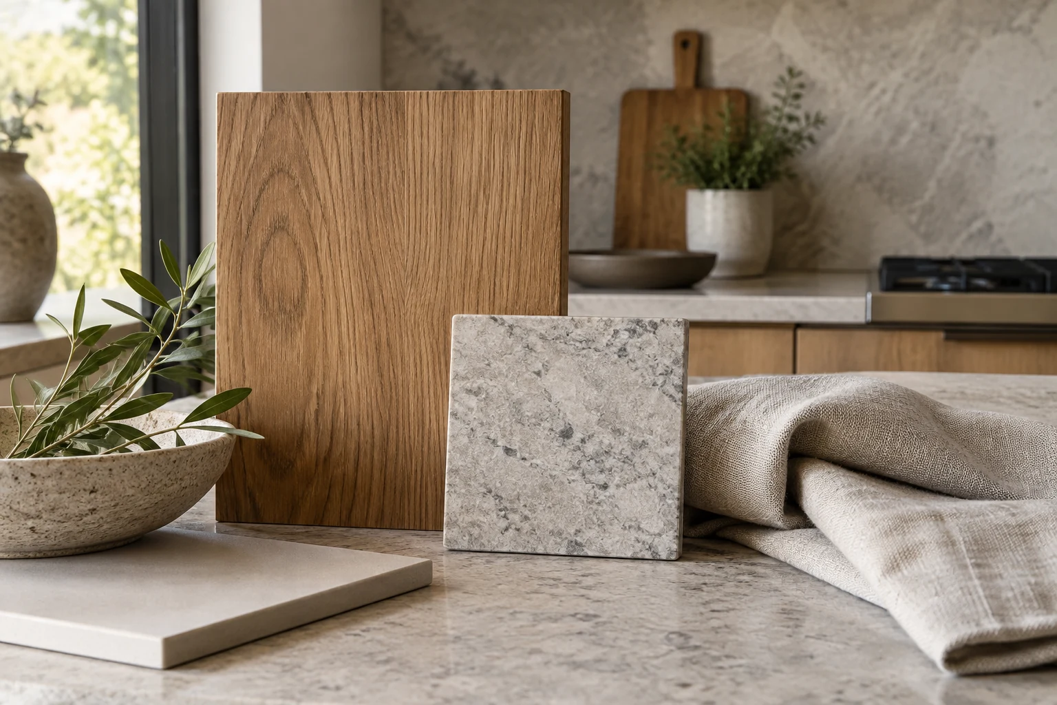 AI illustration of wood, stone and linen material samples for an interior design concept.