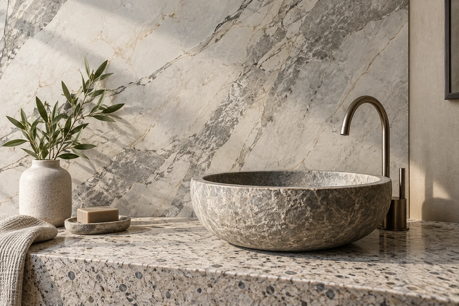 AI illustration of natural-stone-style wall, counter and basin design samples.