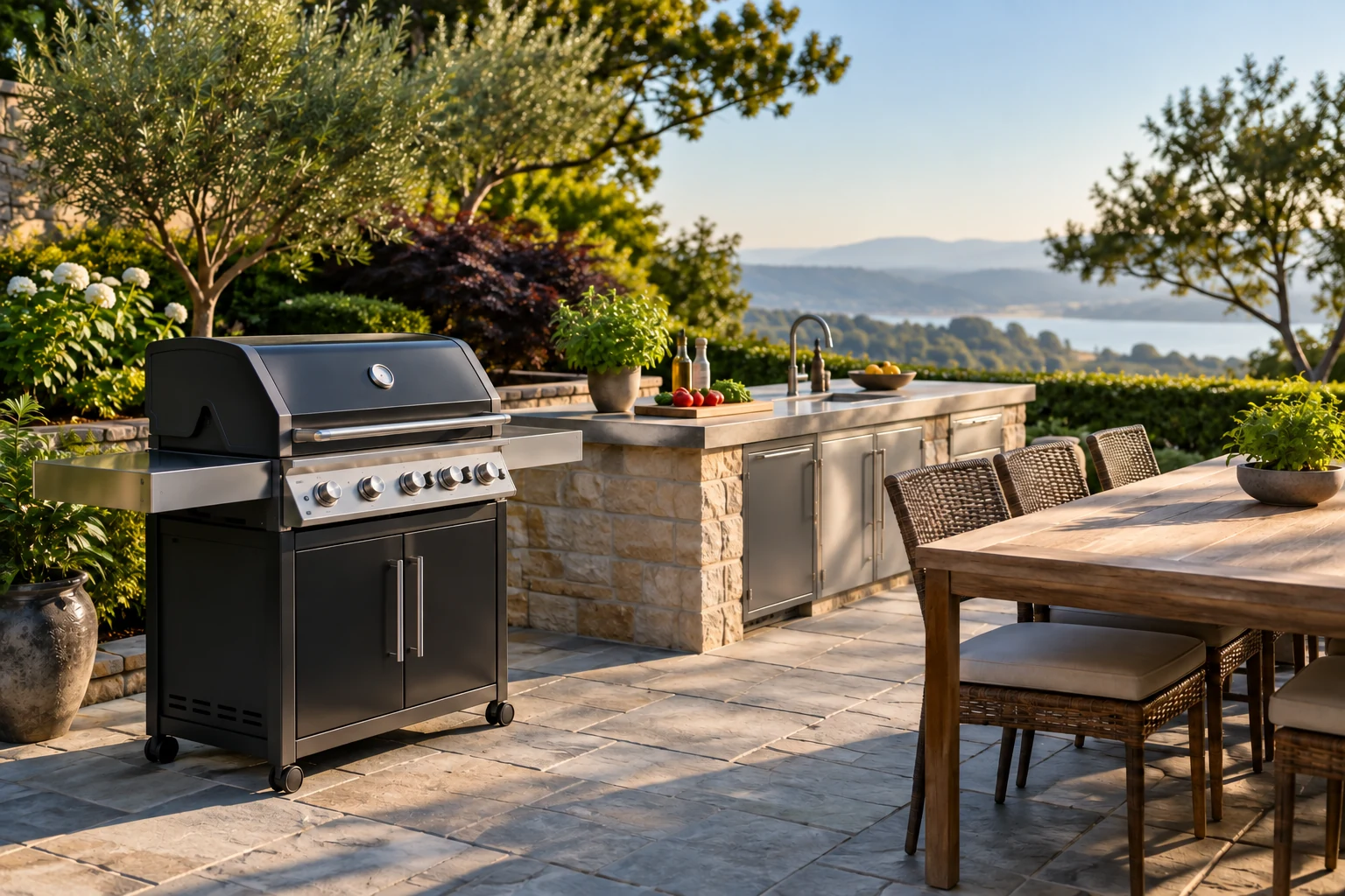 AI illustration of an outdoor grill station with a preparation counter and dining area.