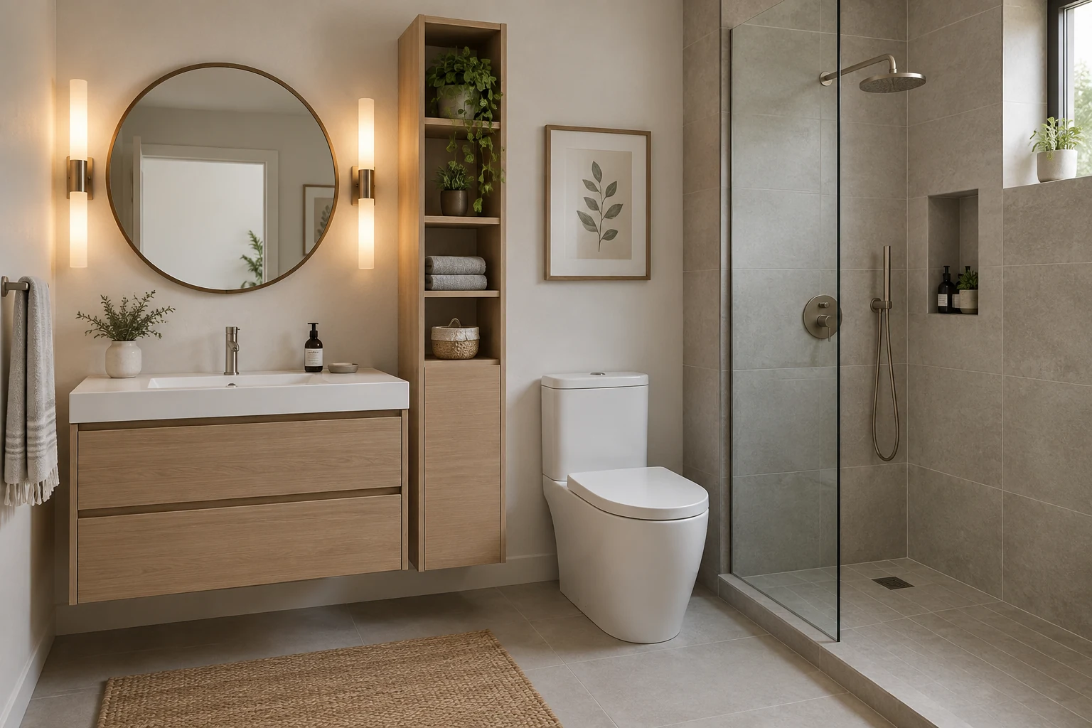 AI illustration of a compact bathroom with a floating vanity and narrow storage.