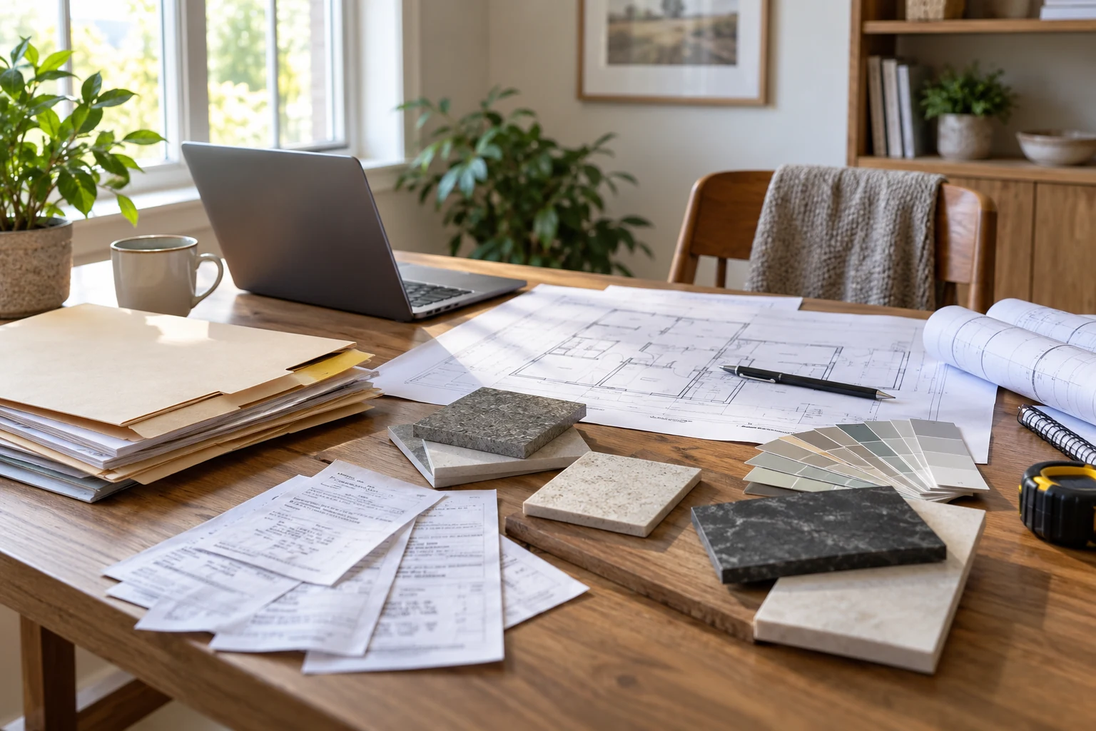 AI illustration of folders, plans and material samples for organizing a remodel.
