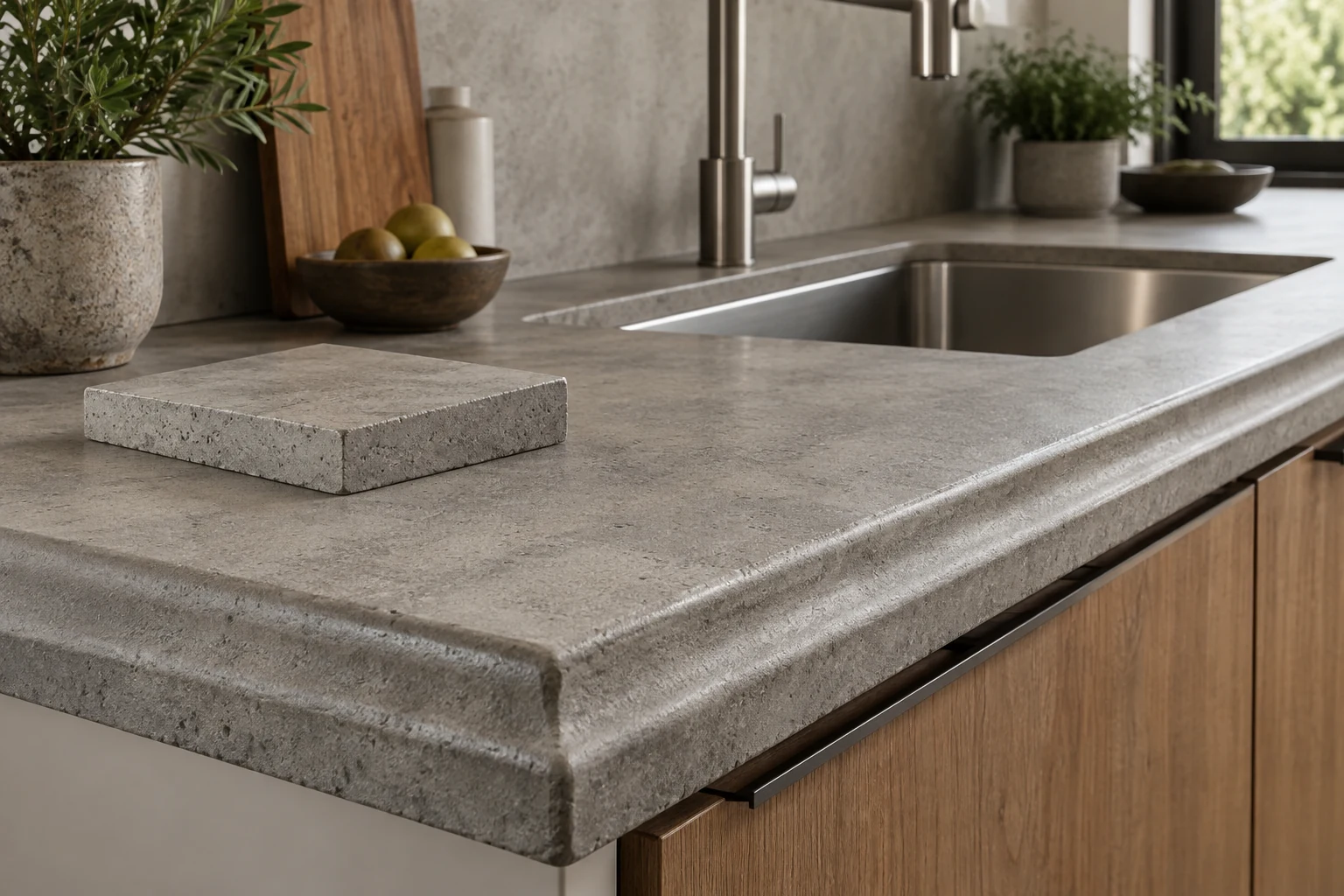 AI illustration of a concrete-style countertop and matching sample block.