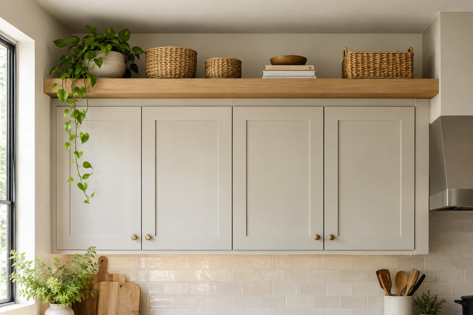 AI illustration of baskets and books in a planned space above kitchen wall cabinets.