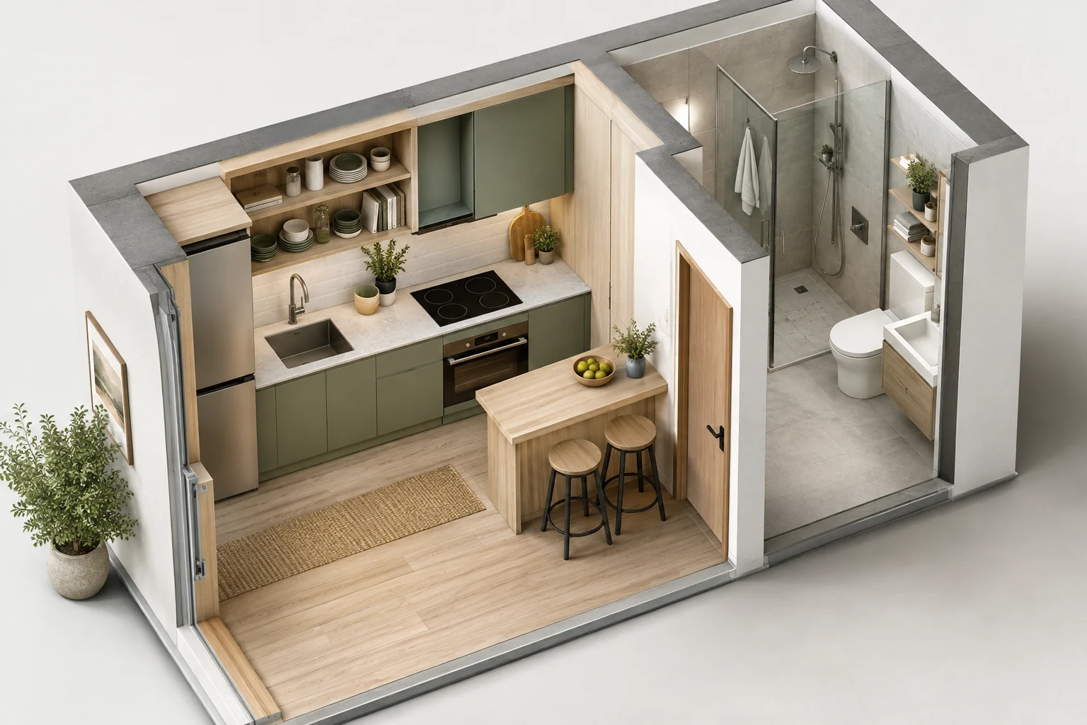 AI illustration of compact kitchen and bathroom layouts with shallow storage.