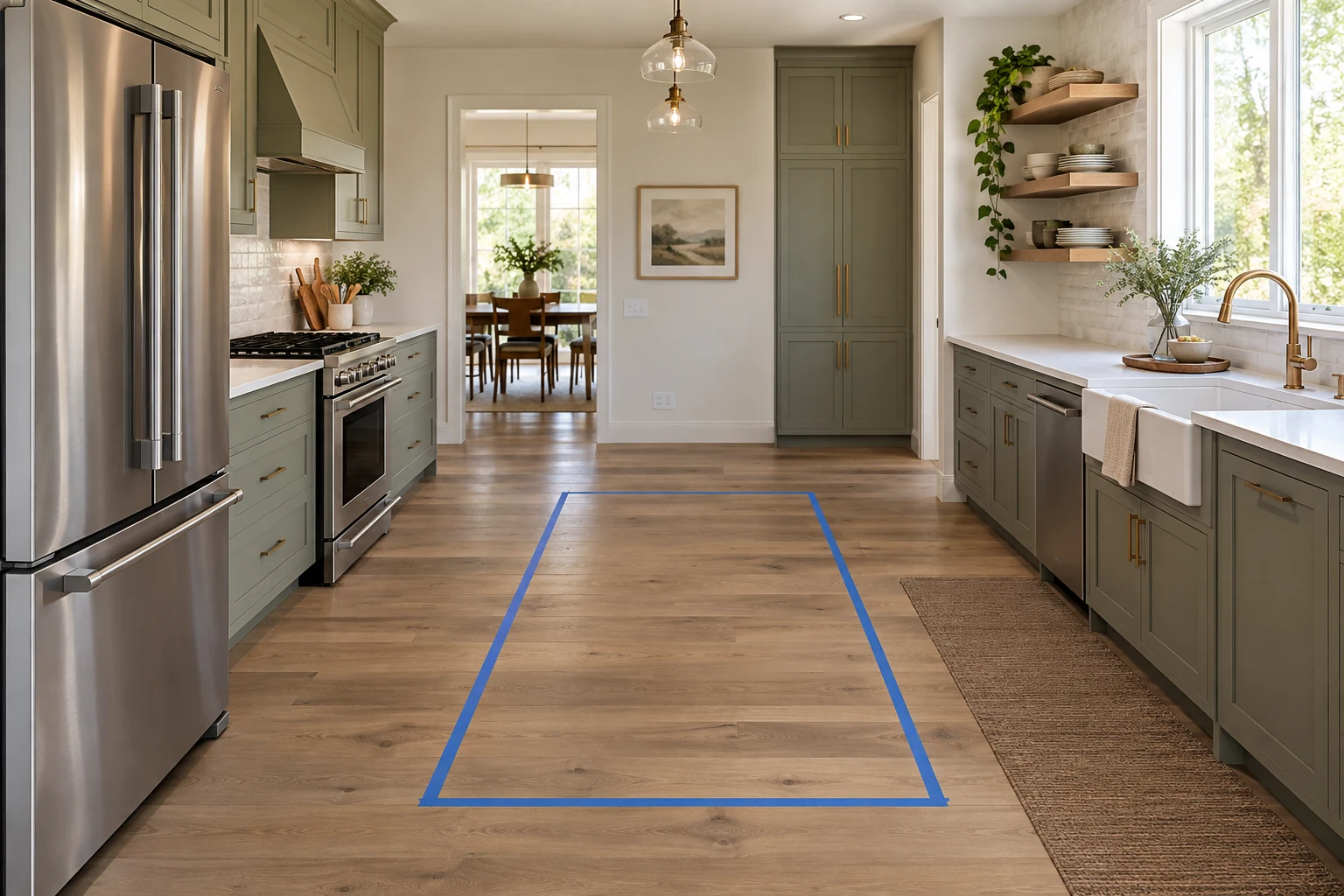 AI illustration of a compact kitchen with a taped planning footprint and clear walkway.