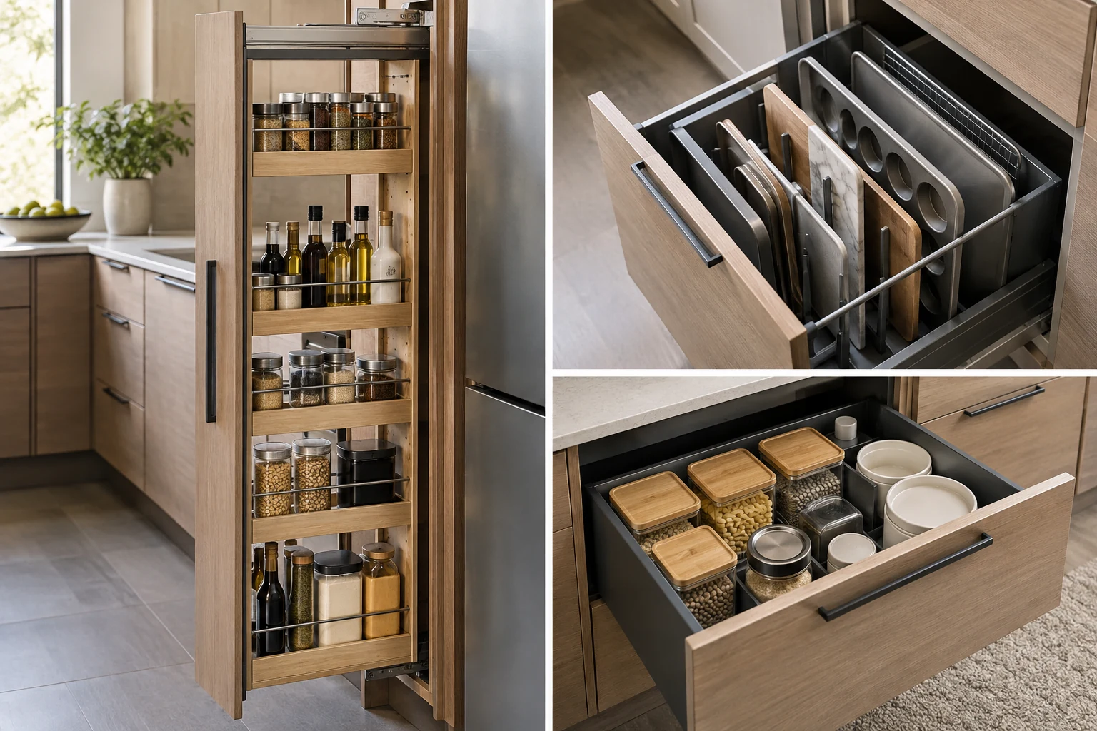 AI illustration of pull-out pantry storage and vertical tray dividers in a compact kitchen.